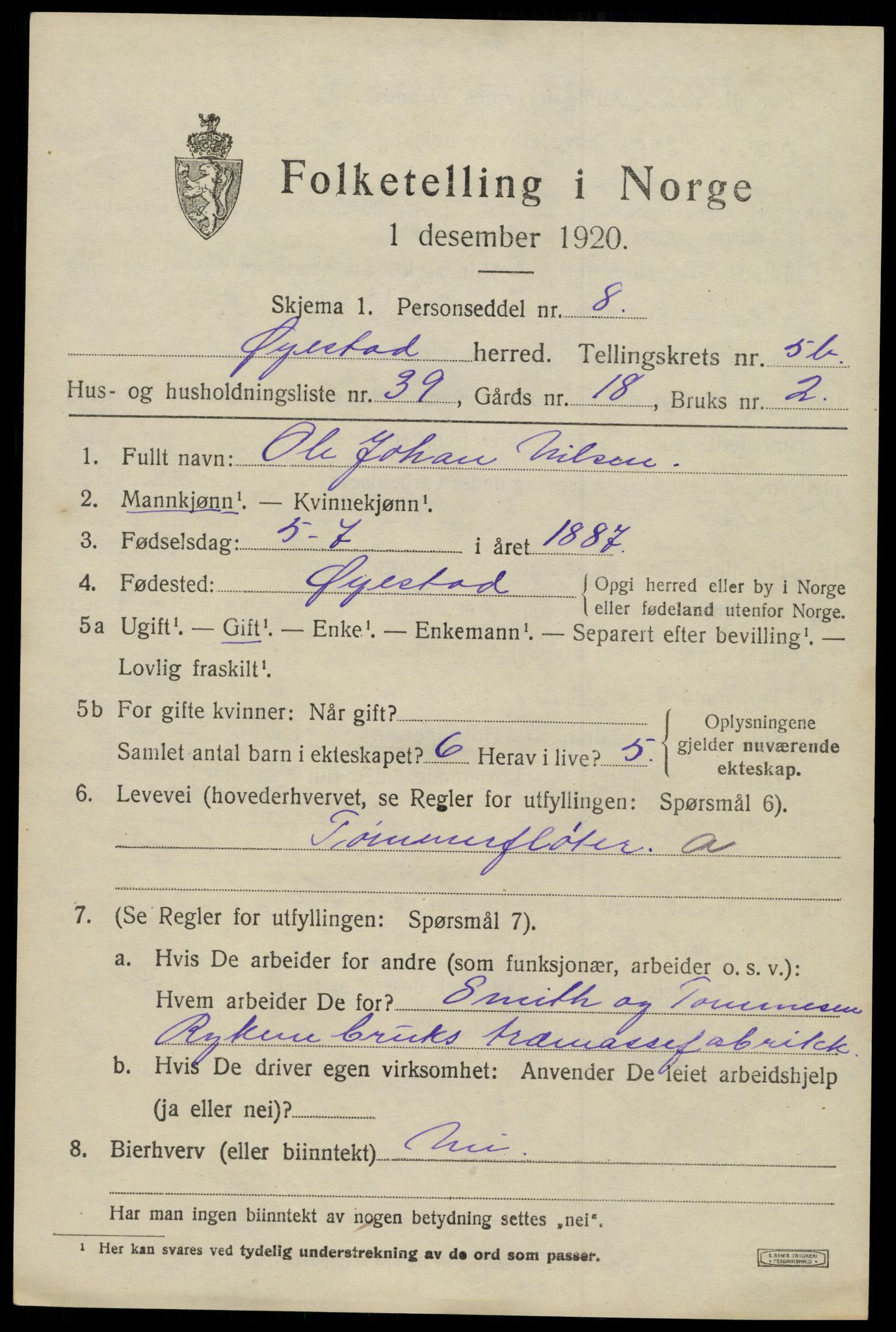 SAK, 1920 census for Øyestad, 1920, p. 4072