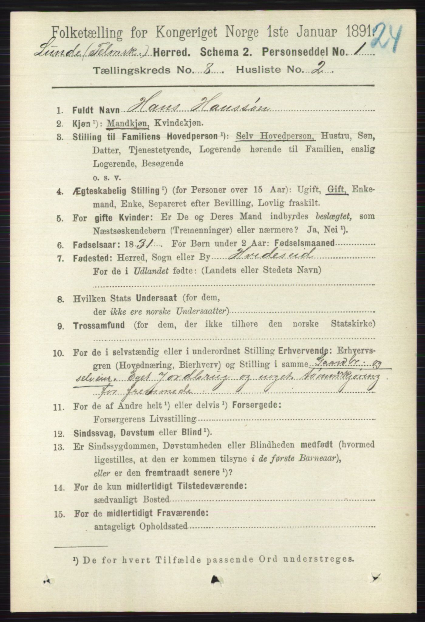 RA, 1891 census for 0820 Lunde, 1891, p. 2381