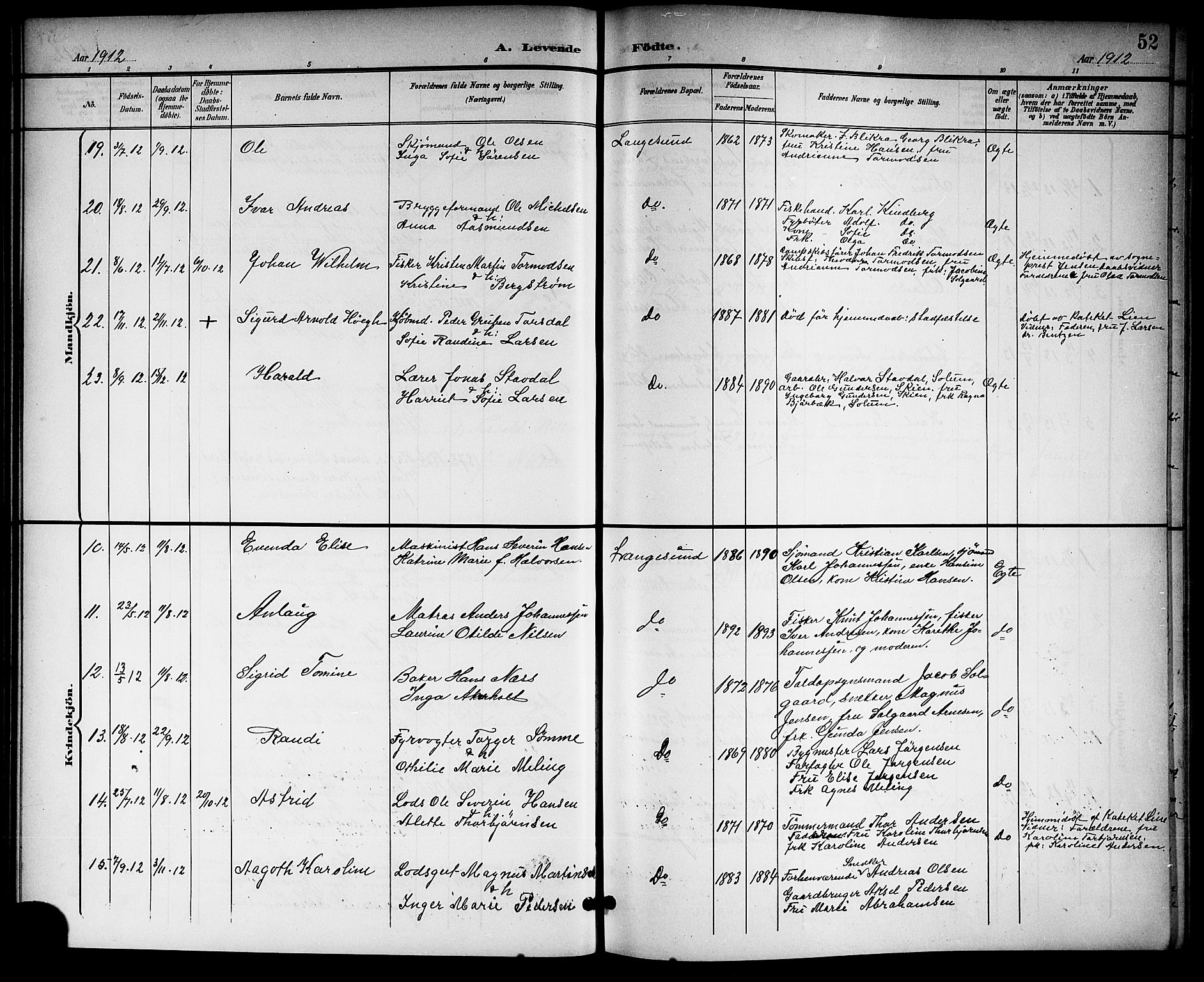 Langesund kirkebøker, SAKO/A-280/G/Ga/L0006: Parish register (copy) no. 6, 1899-1918, p. 52