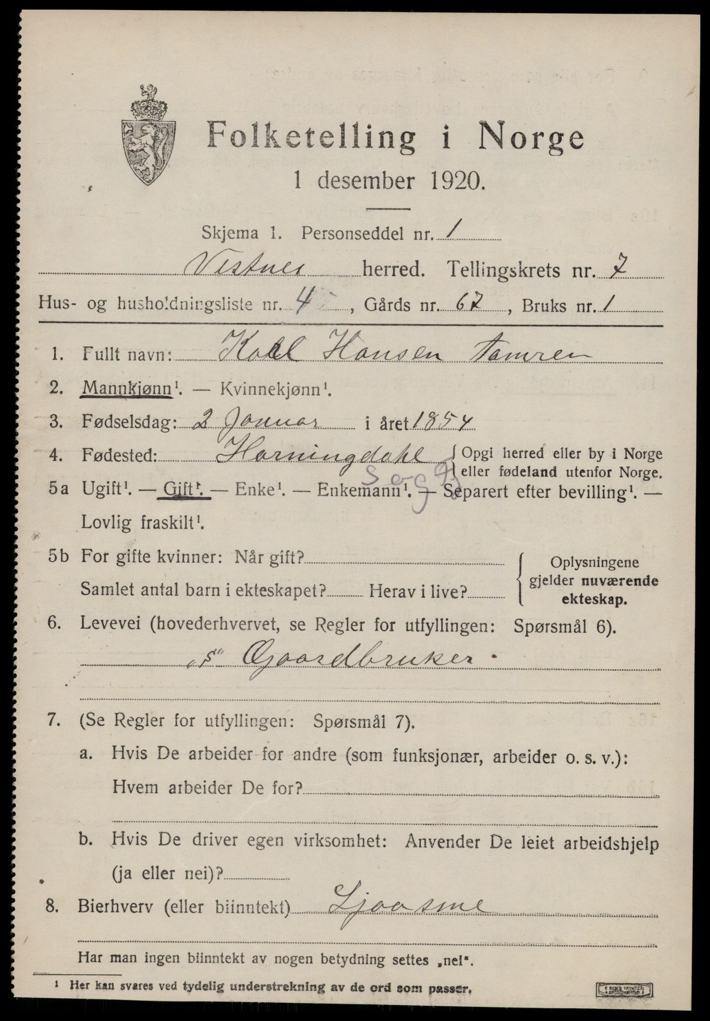 SAT, 1920 census for Vestnes, 1920, p. 5129