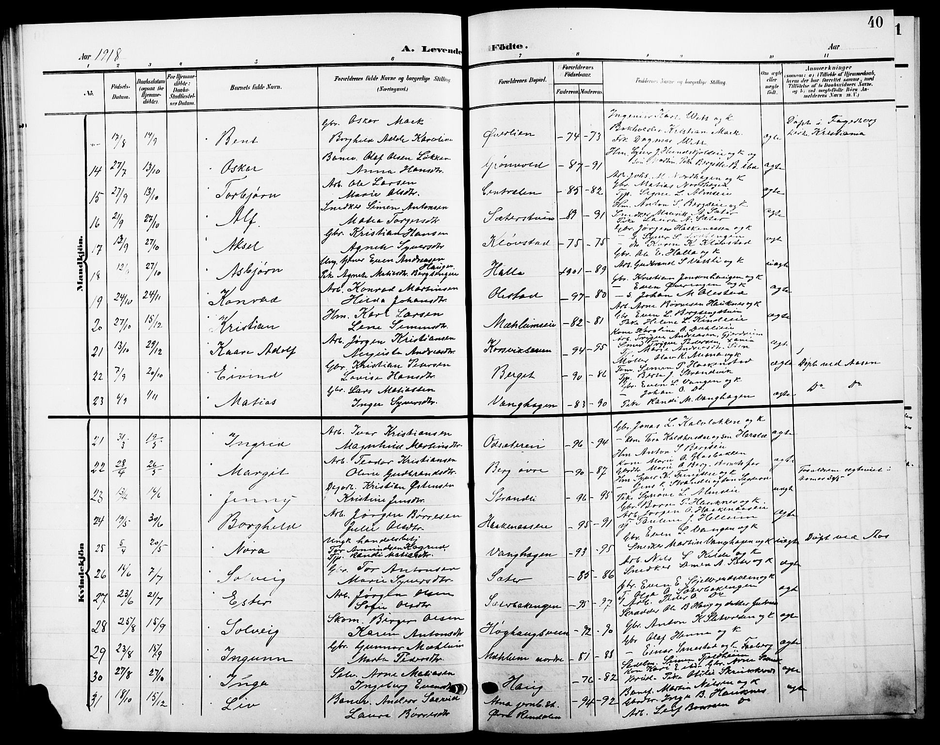 Ringsaker prestekontor, AV/SAH-PREST-014/L/La/L0016: Parish register (copy) no. 16, 1905-1920, p. 40