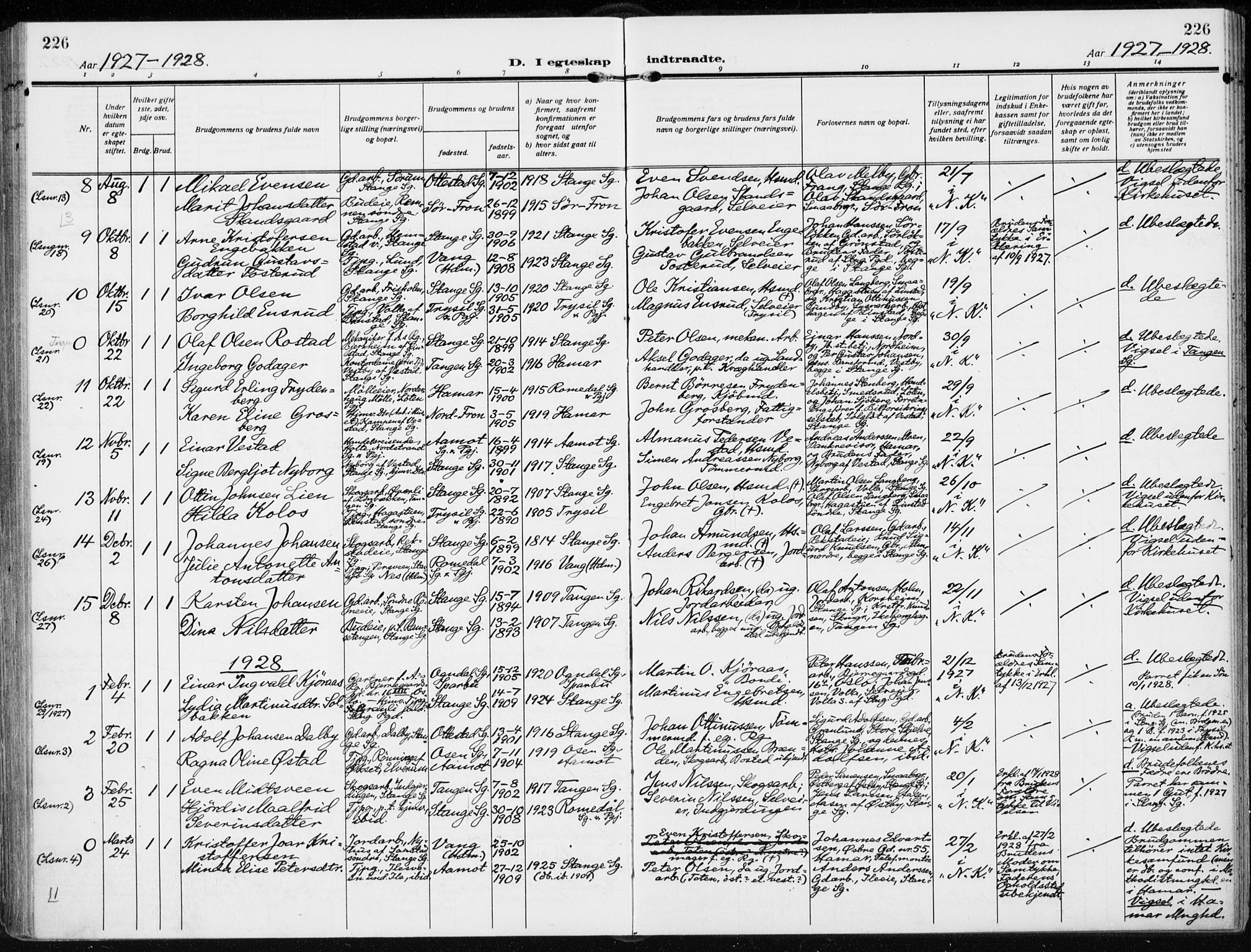 Stange prestekontor, AV/SAH-PREST-002/K/L0026: Parish register (official) no. 26, 1923-1937, p. 226