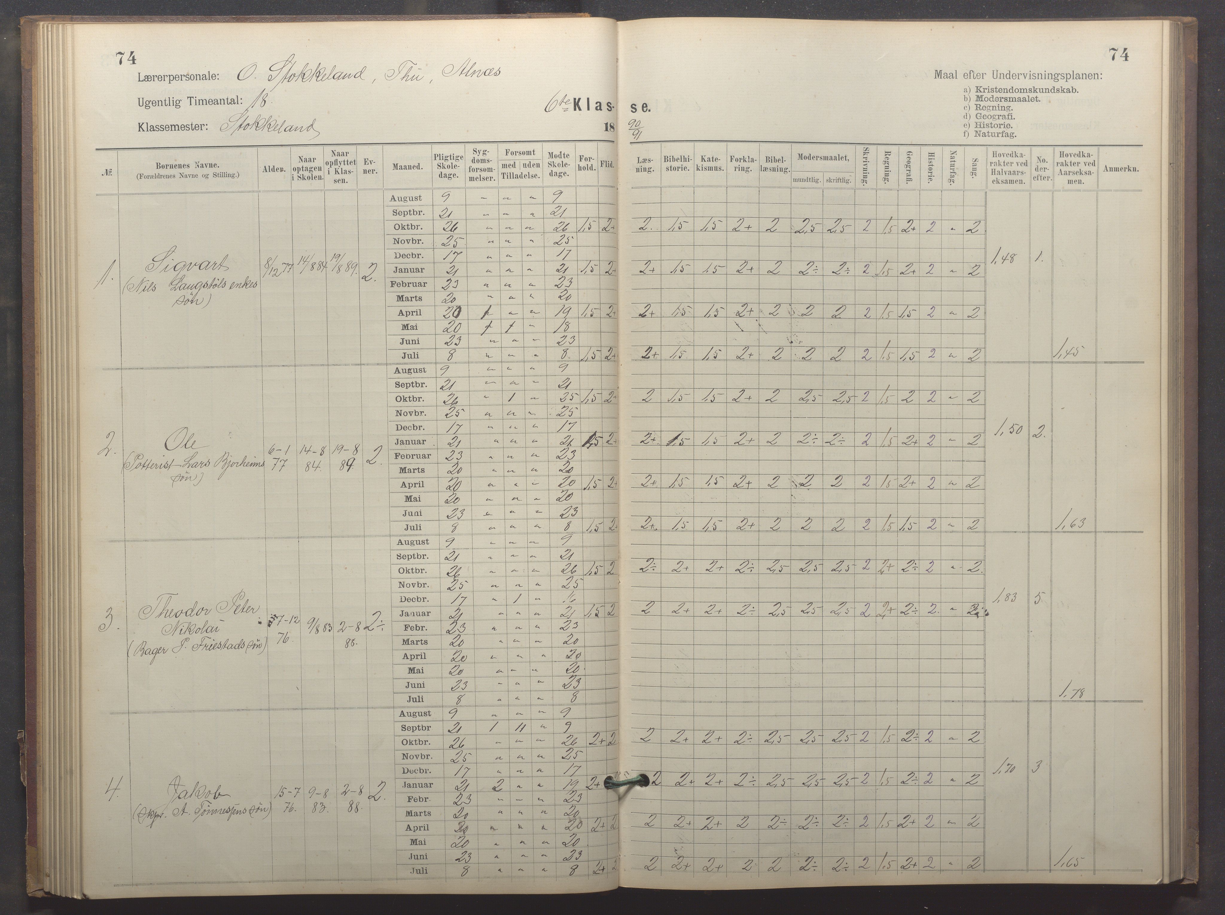 Egersund kommune (Ladested) - Egersund almueskole/folkeskole, IKAR/K-100521/H/L0023: Skoleprotokoll - Almueskolen, 6. klasse, 1886-1892, p. 74