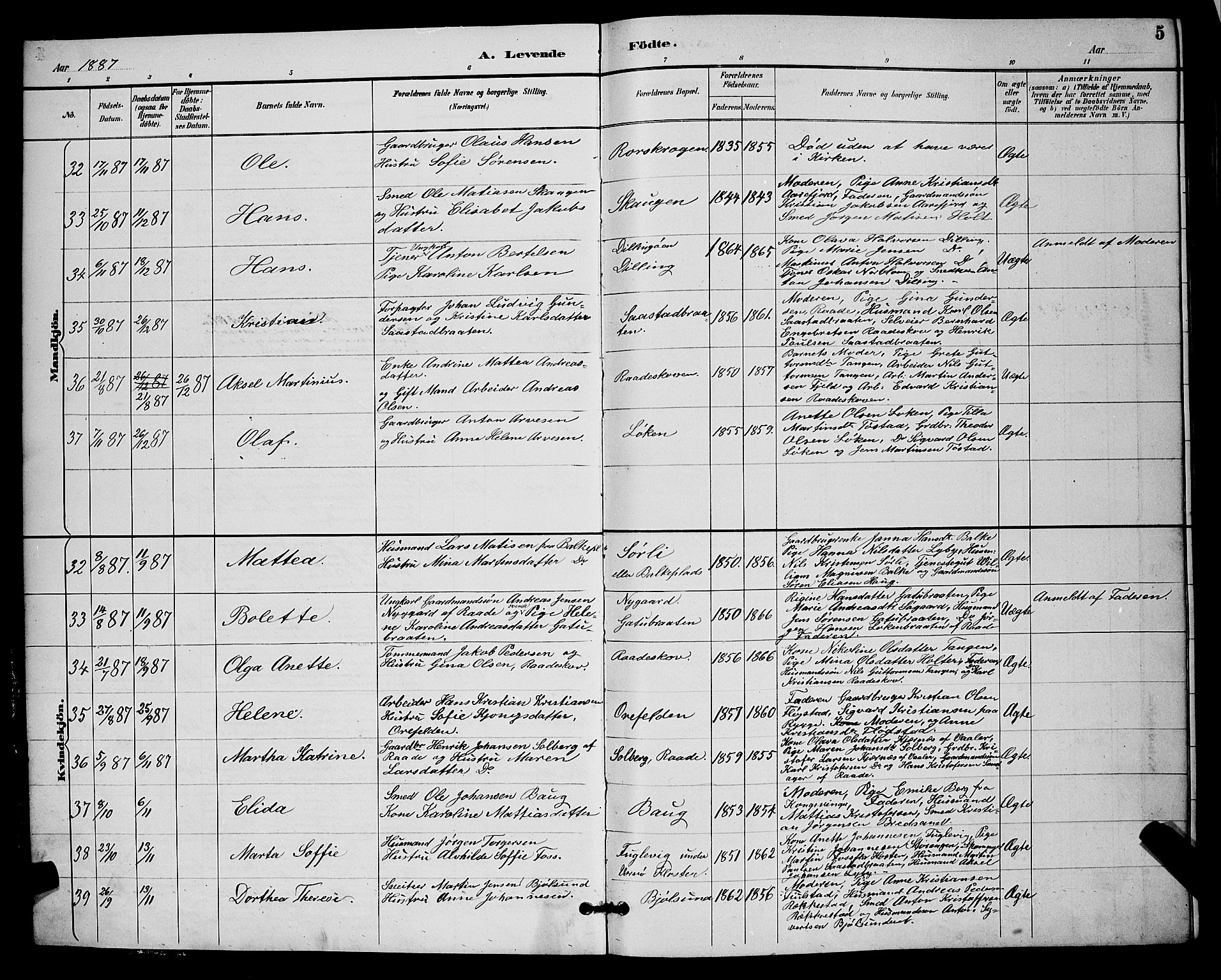 Rygge prestekontor Kirkebøker, AV/SAO-A-10084b/G/Ga/L0002: Parish register (copy) no. 2, 1887-1905, p. 5