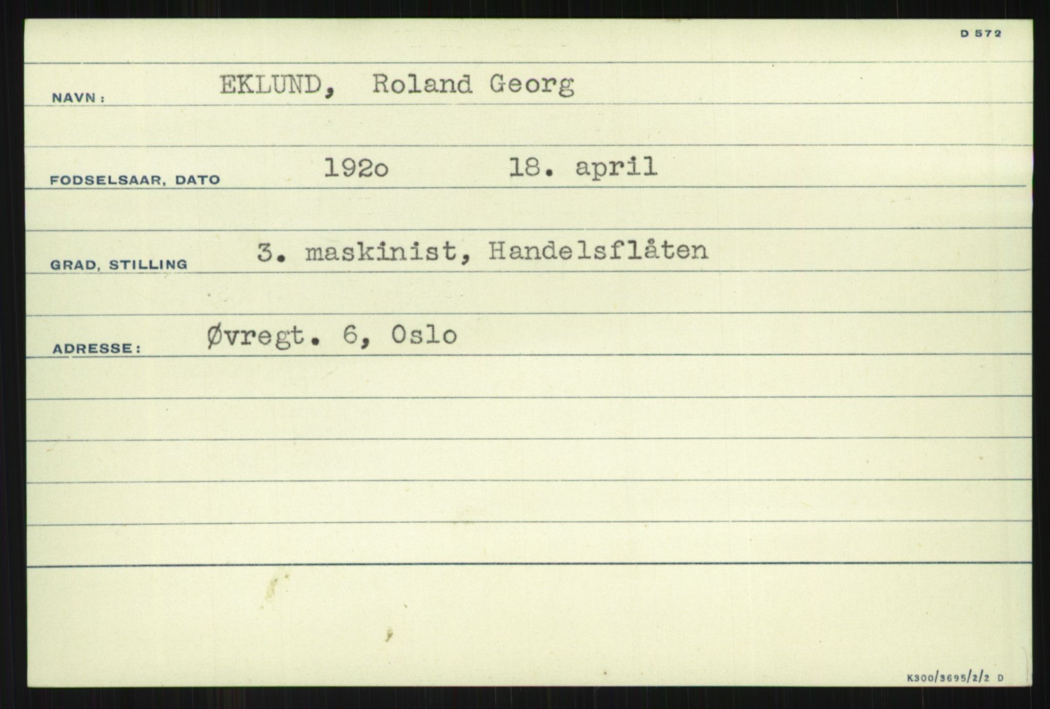 Direktoratet for sjømenn, AV/RA-S-3545/G/Gi/L0005: Kartotek over krigsdekorasjoner tildelt nordmenn under krigen, 1940-1945, p. 13