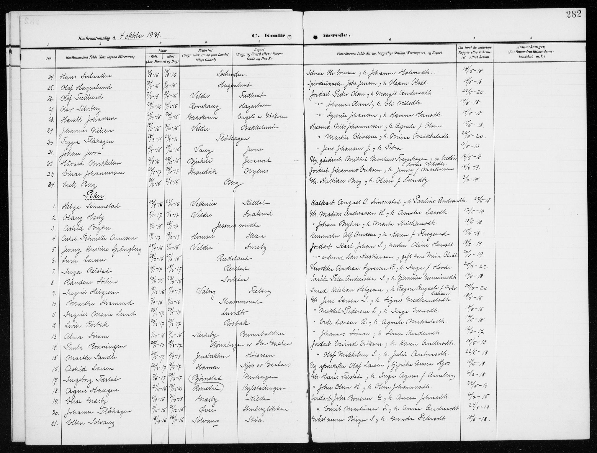 Furnes prestekontor, SAH/PREST-012/K/Ka/L0001: Parish register (official) no. 1, 1907-1935, p. 282