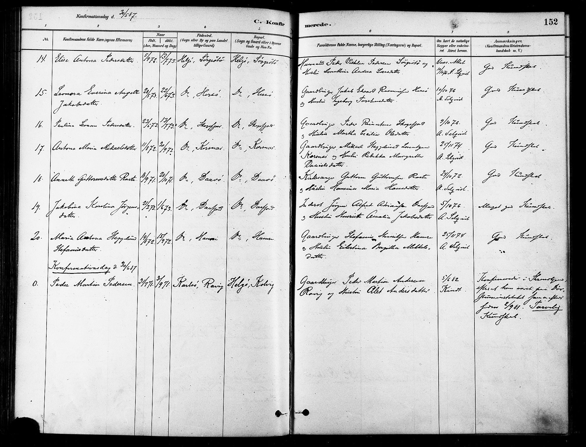 Karlsøy sokneprestembete, SATØ/S-1299/H/Ha/Haa/L0006kirke: Parish register (official) no. 6, 1879-1890, p. 152