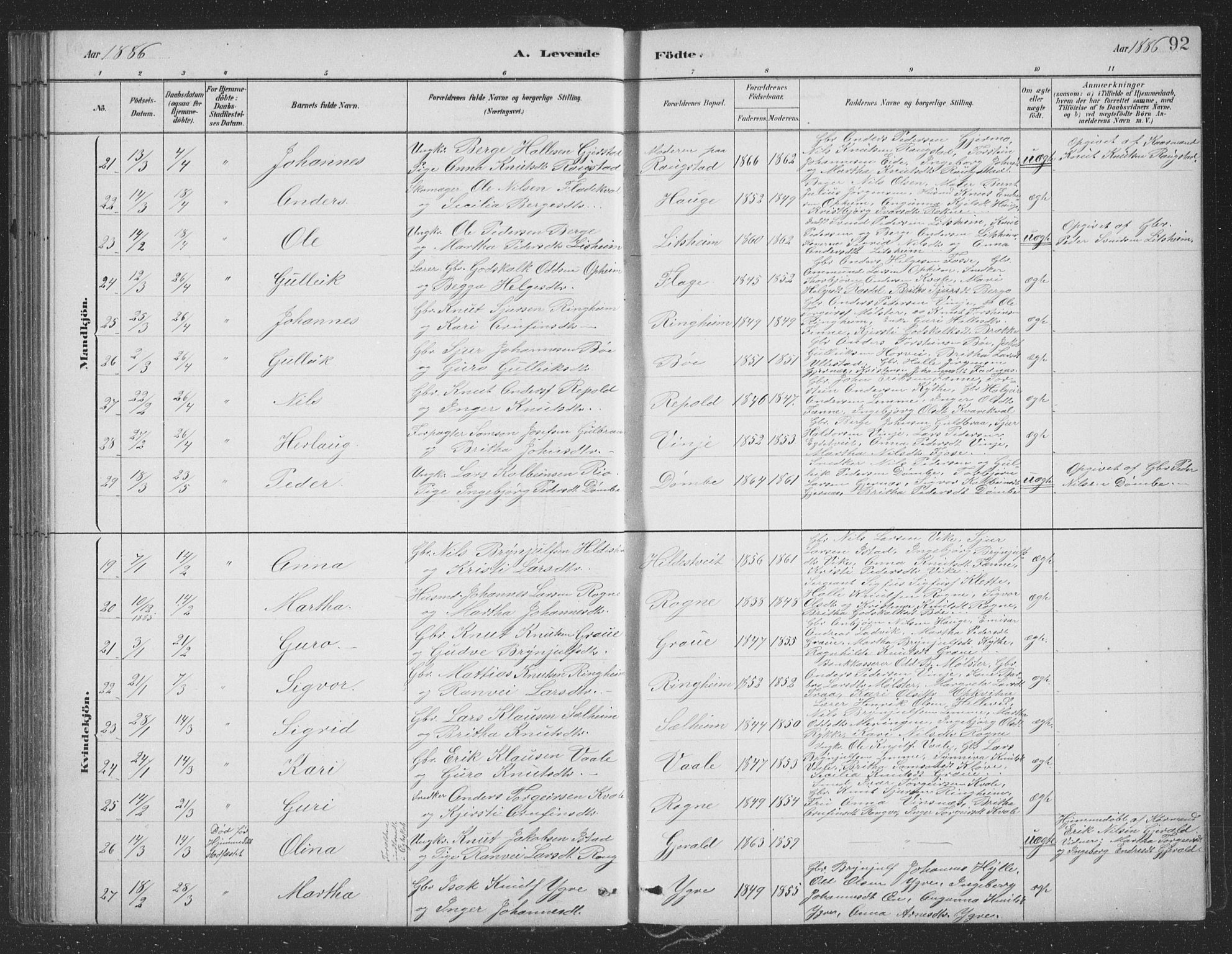 Voss sokneprestembete, SAB/A-79001/H/Hab: Parish register (copy) no. B 3, 1879-1894, p. 92