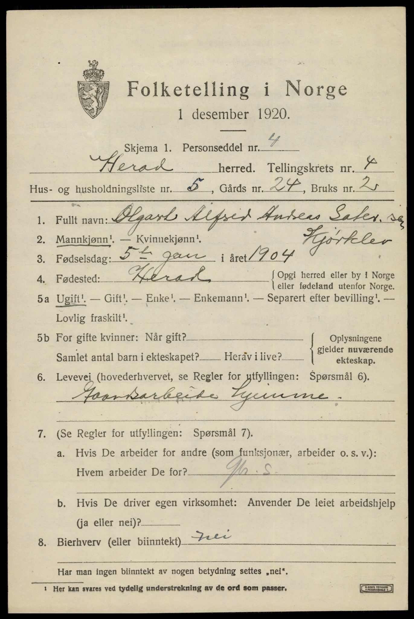 SAK, 1920 census for Herad, 1920, p. 1770