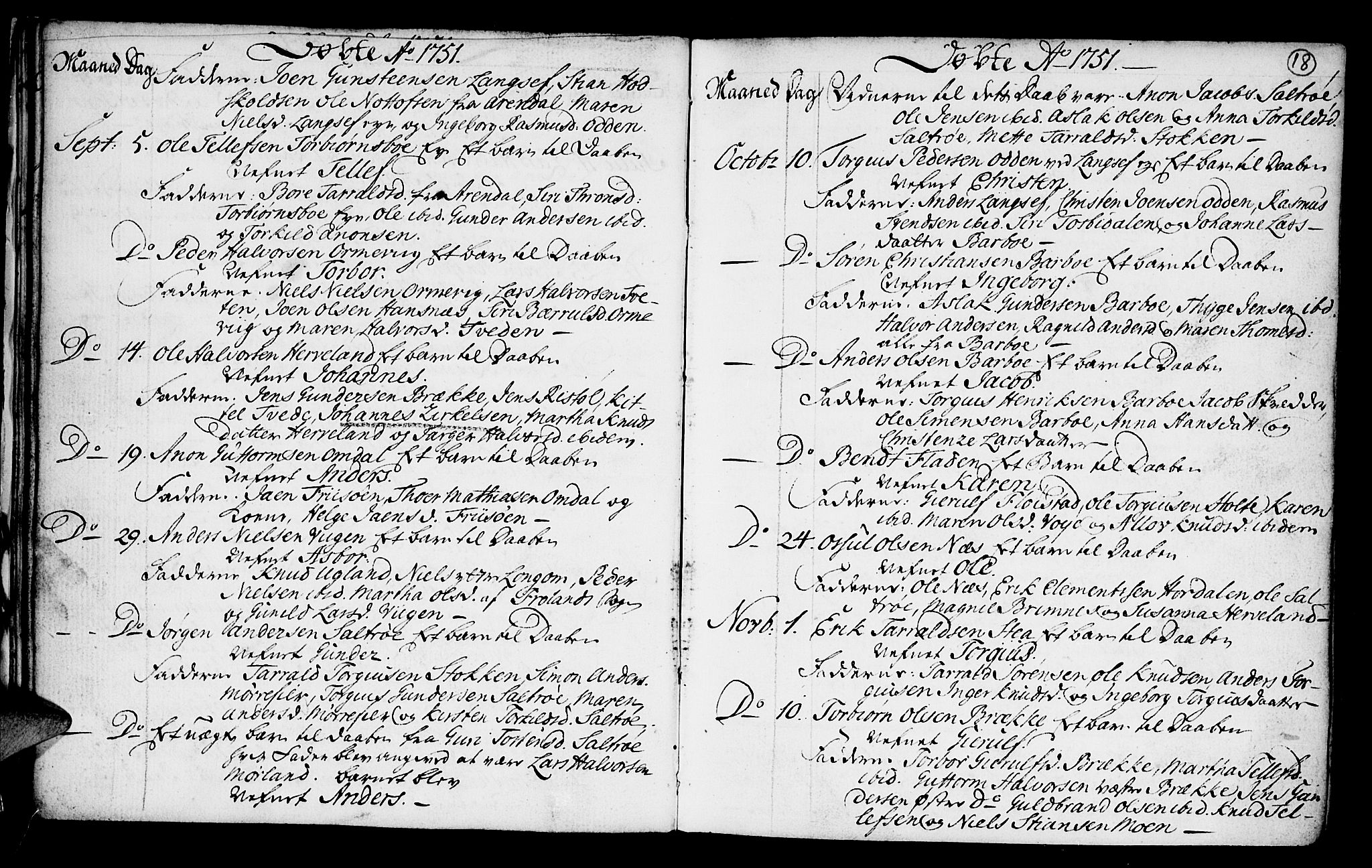 Austre Moland sokneprestkontor, SAK/1111-0001/F/Fa/Faa/L0001: Parish register (official) no. A 1, 1747-1764, p. 18