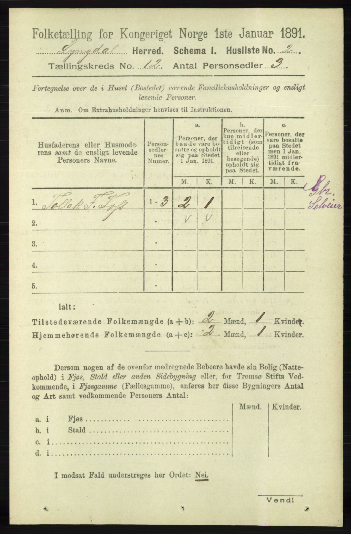 RA, 1891 census for 1032 Lyngdal, 1891, p. 5188