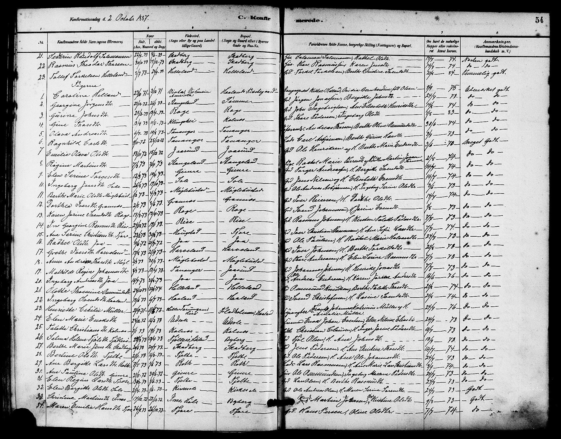 Håland sokneprestkontor, AV/SAST-A-101802/001/30BA/L0010: Parish register (official) no. A 9, 1883-1888, p. 54