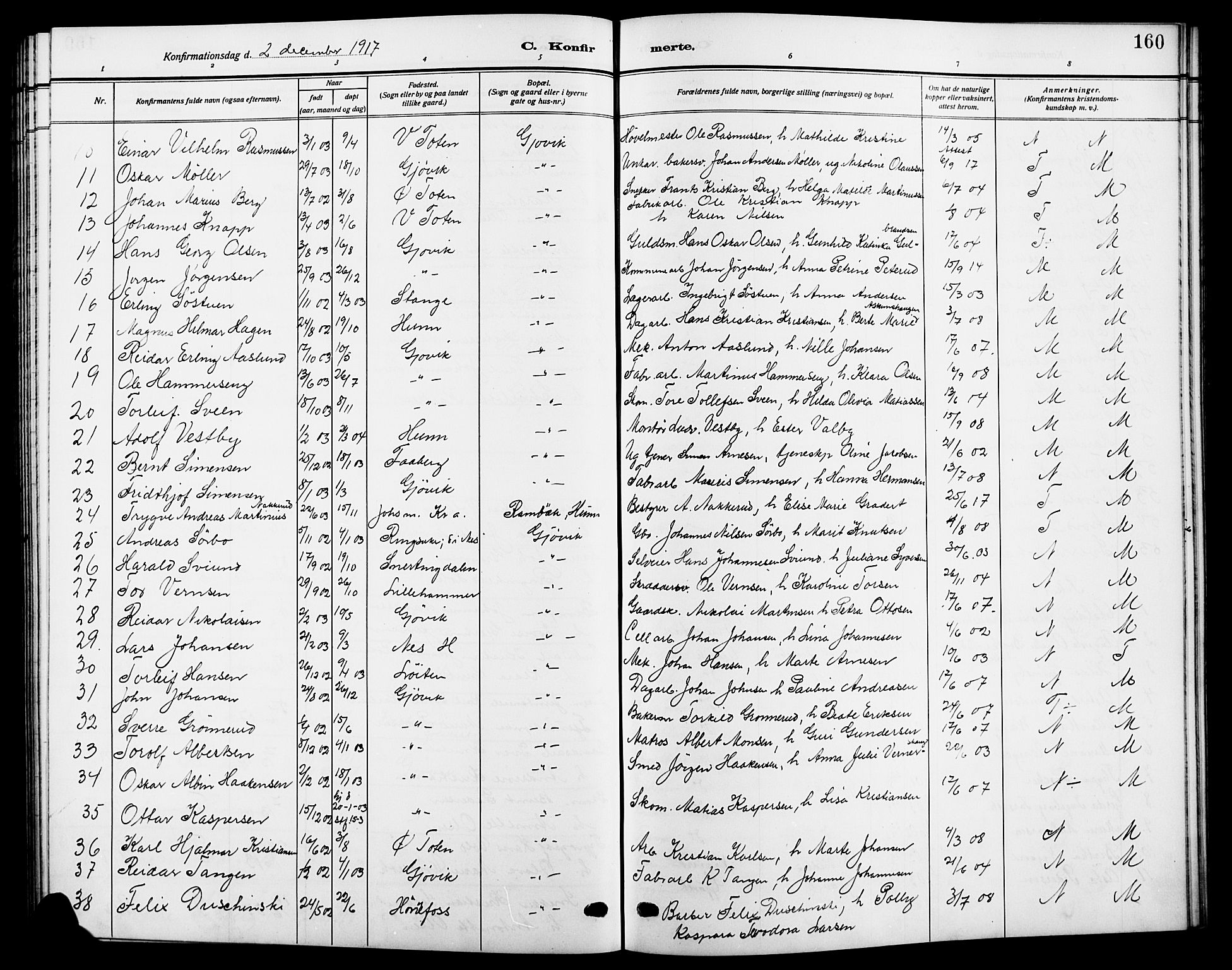 Vardal prestekontor, SAH/PREST-100/H/Ha/Hab/L0014: Parish register (copy) no. 14, 1911-1922, p. 160