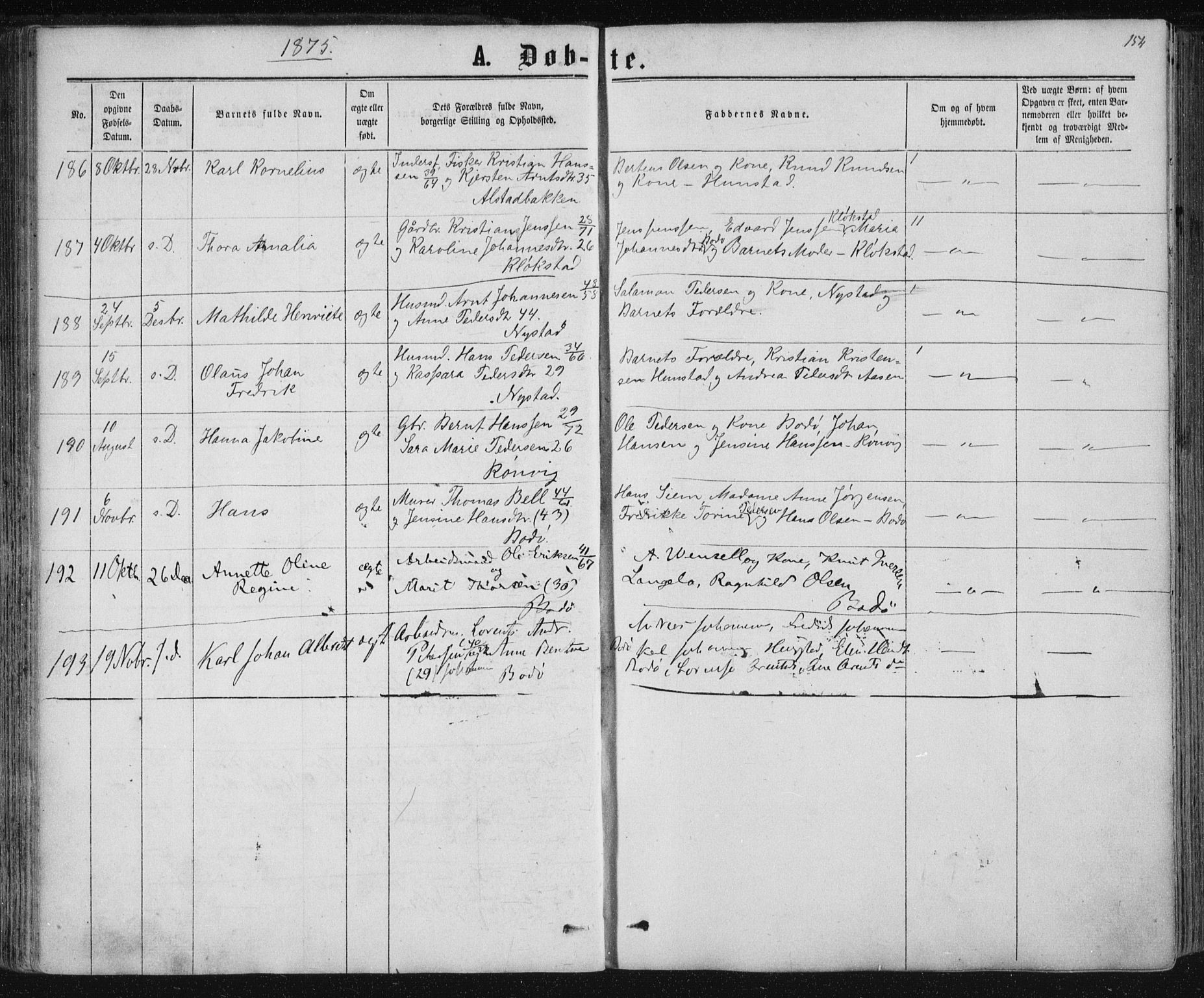 Ministerialprotokoller, klokkerbøker og fødselsregistre - Nordland, SAT/A-1459/801/L0008: Parish register (official) no. 801A08, 1864-1875, p. 154
