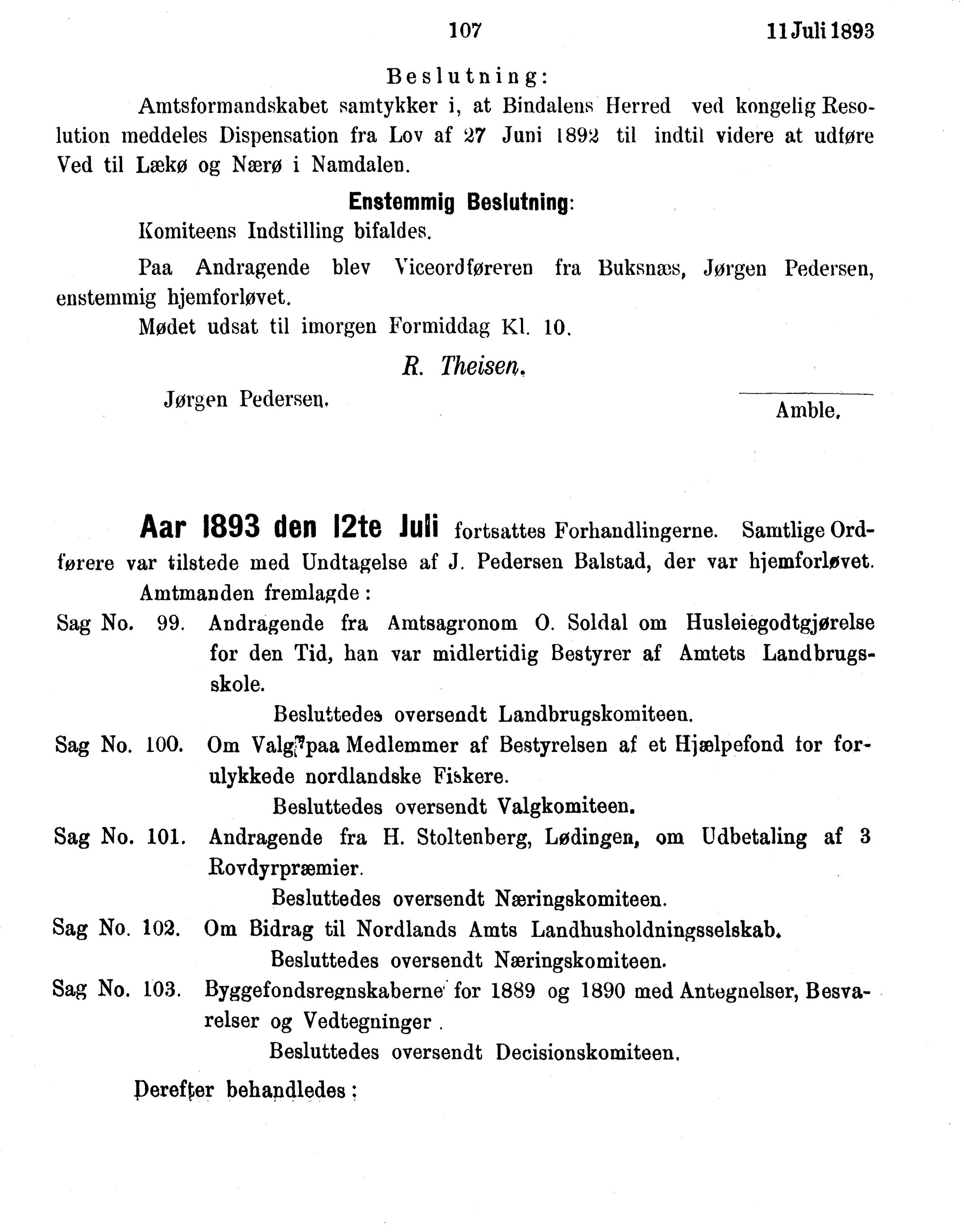 Nordland Fylkeskommune. Fylkestinget, AIN/NFK-17/176/A/Ac/L0016: Fylkestingsforhandlinger 1891-1893, 1891-1893, p. 107