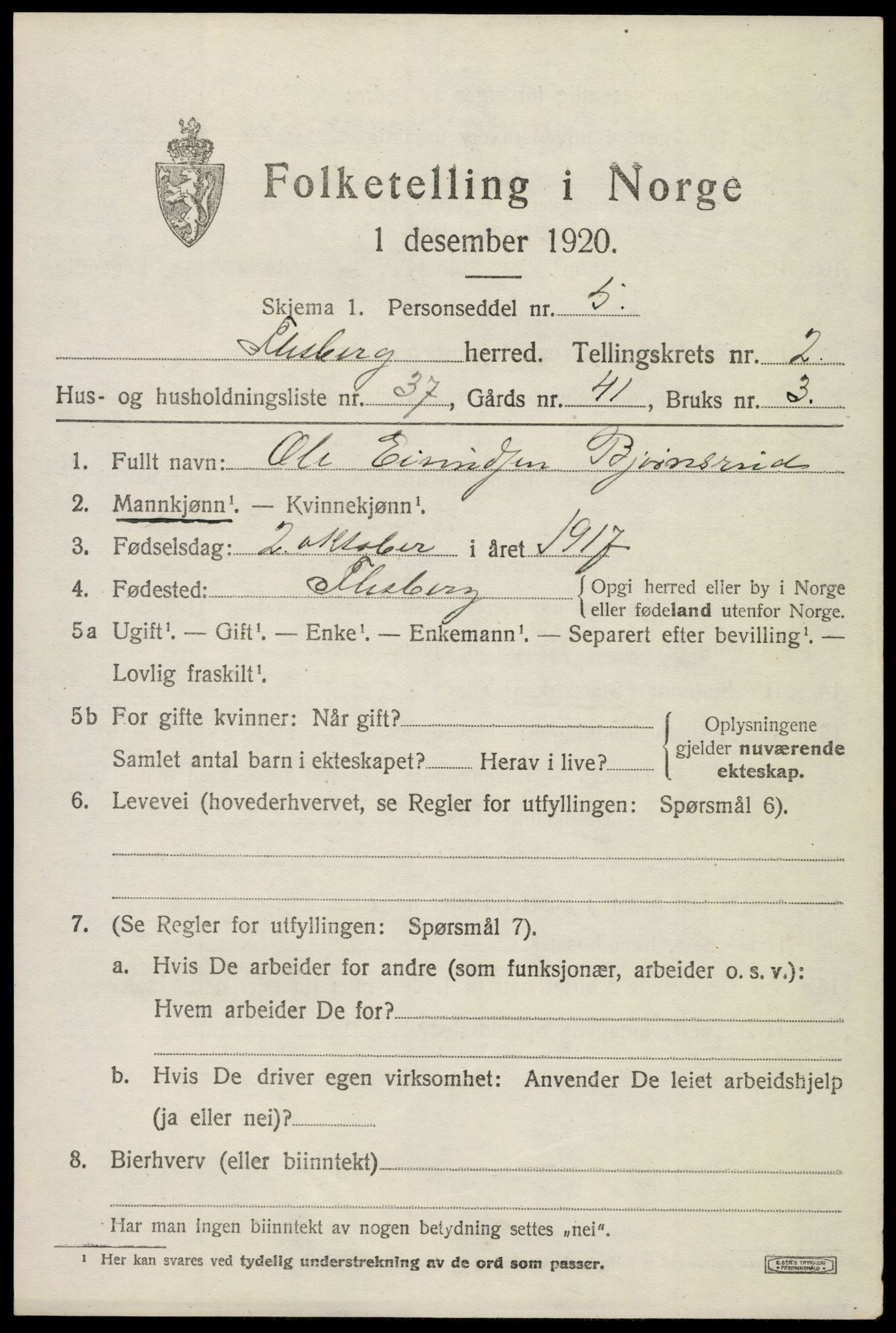 SAKO, 1920 census for Flesberg, 1920, p. 1663