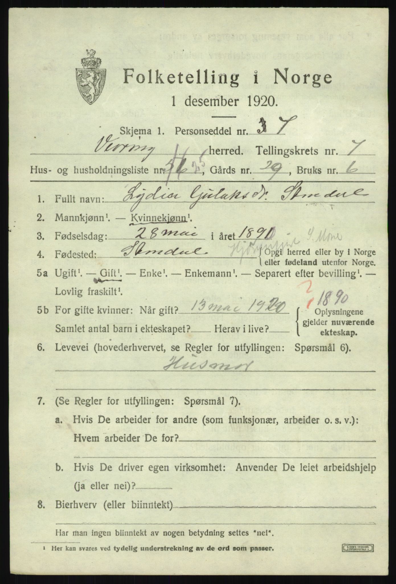 SAB, 1920 census for Vevring, 1920, p. 2256