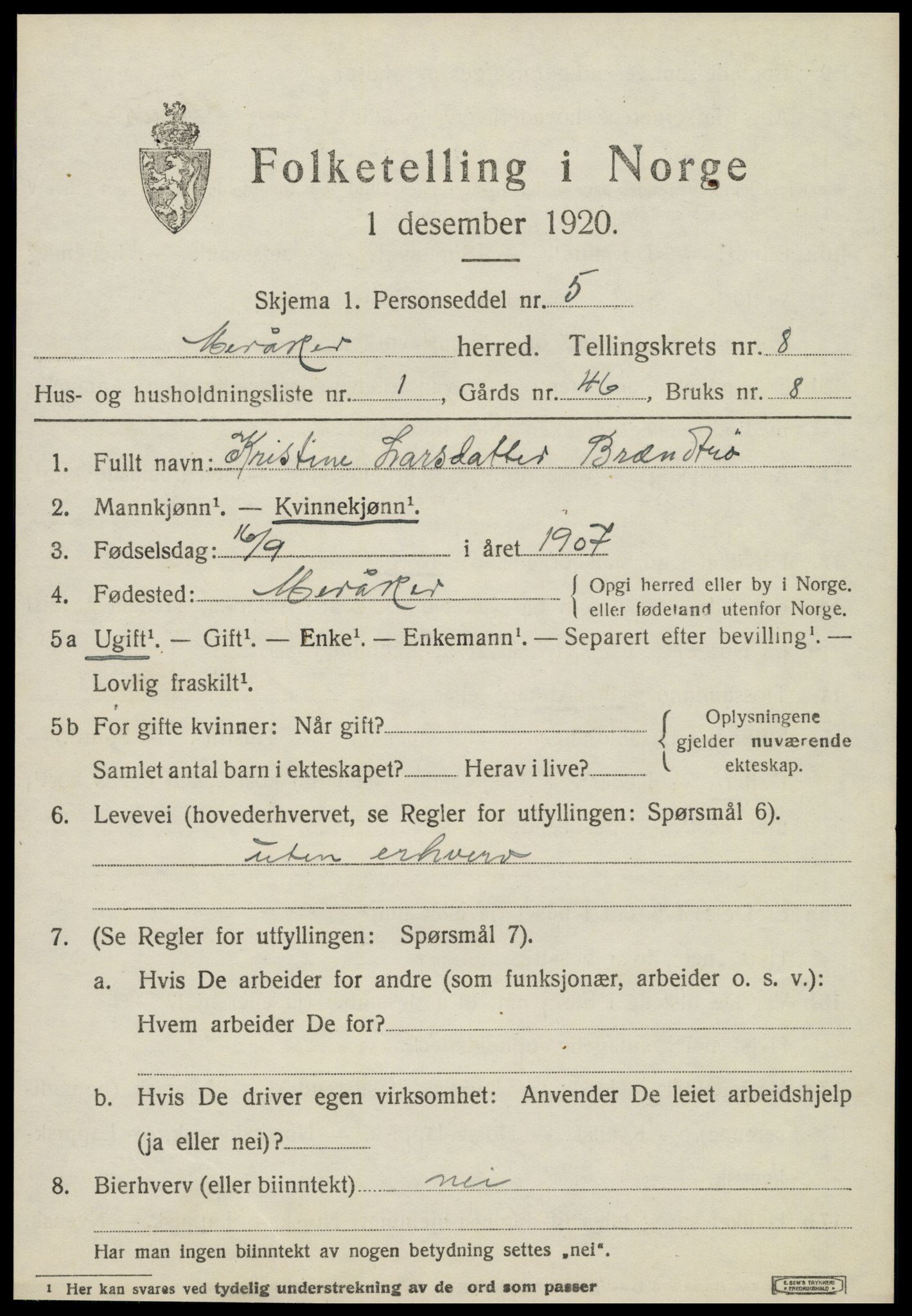 SAT, 1920 census for Meråker, 1920, p. 5982