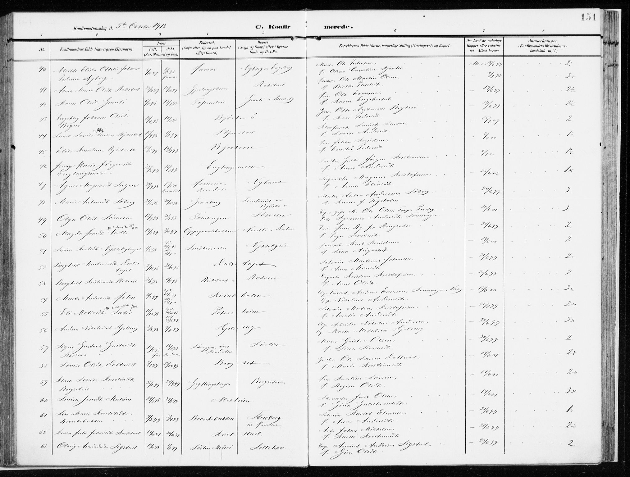 Løten prestekontor, SAH/PREST-022/K/Ka/L0011: Parish register (official) no. 11, 1908-1917, p. 151