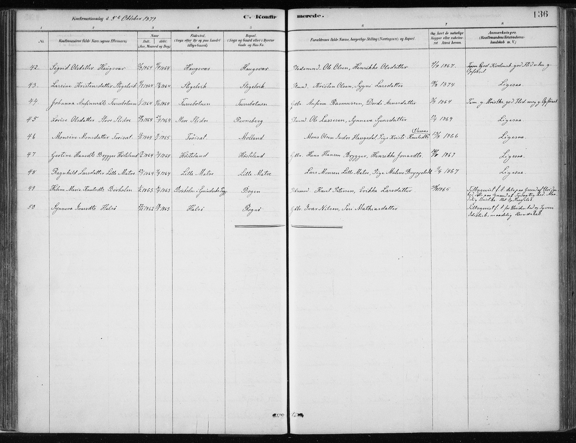 Masfjorden Sokneprestembete, SAB/A-77001: Parish register (official) no. B  1, 1876-1899, p. 136