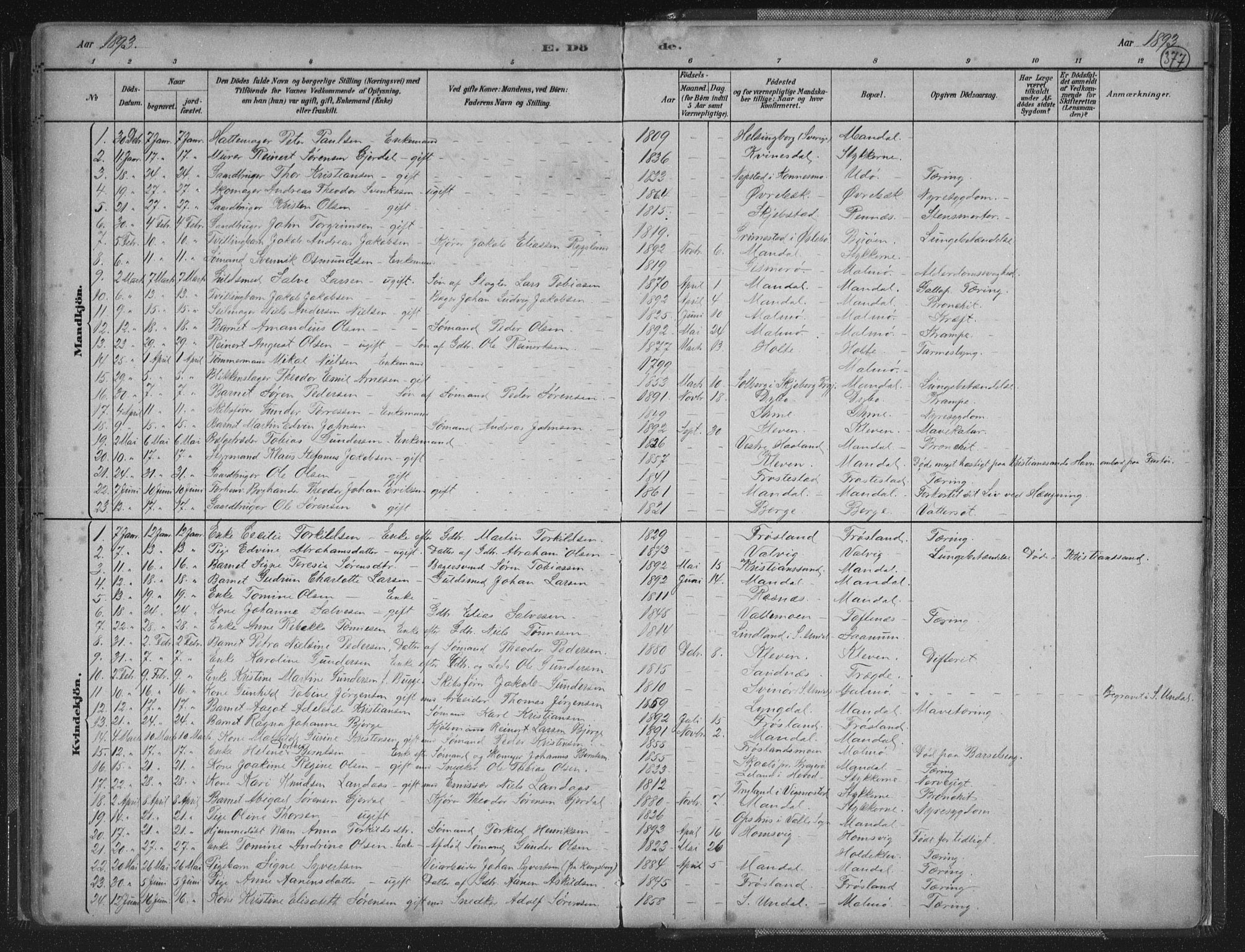 Mandal sokneprestkontor, AV/SAK-1111-0030/F/Fb/Fba/L0011: Parish register (copy) no. B 5, 1880-1898, p. 377