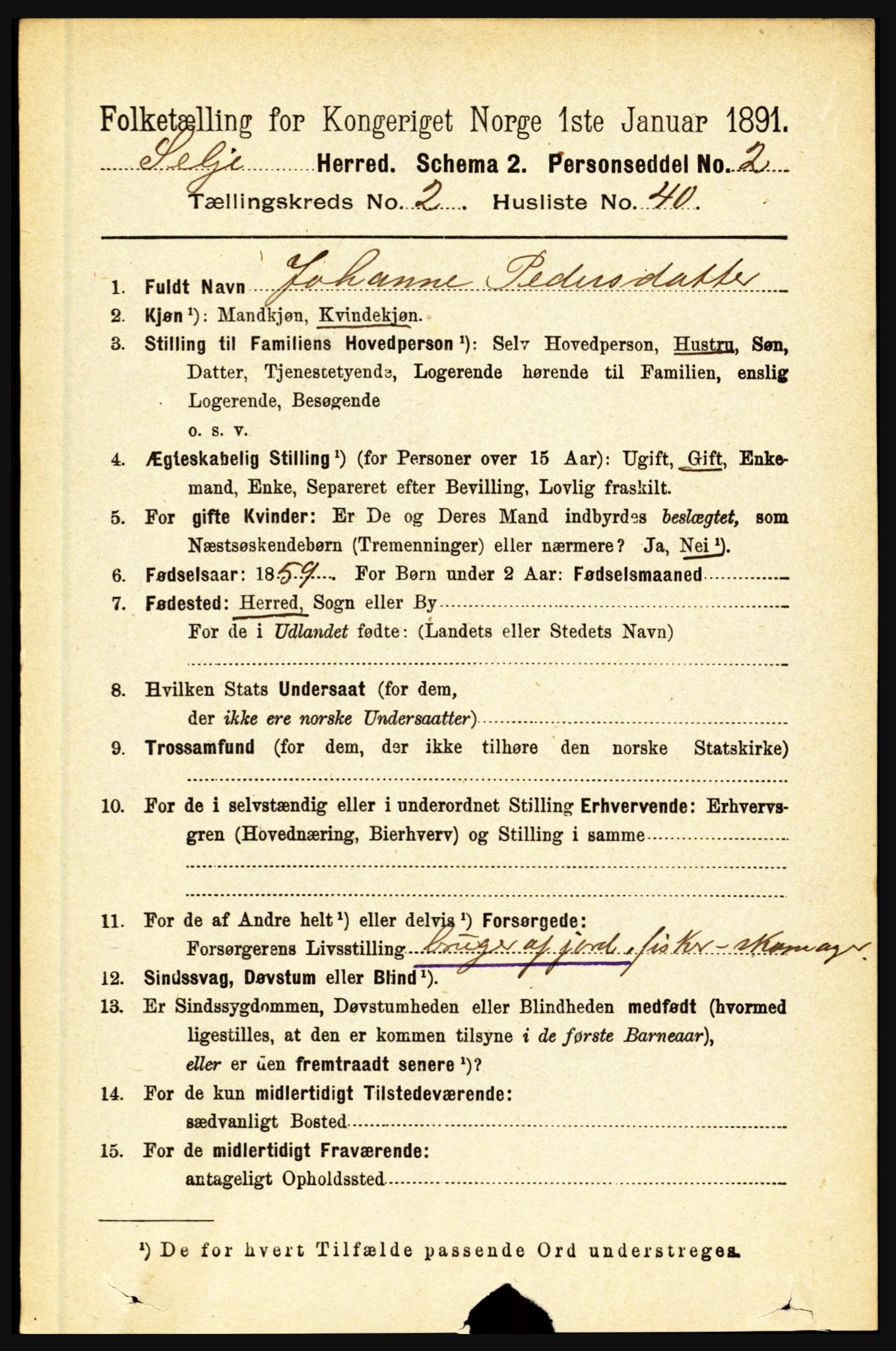 RA, 1891 census for 1441 Selje, 1891, p. 581