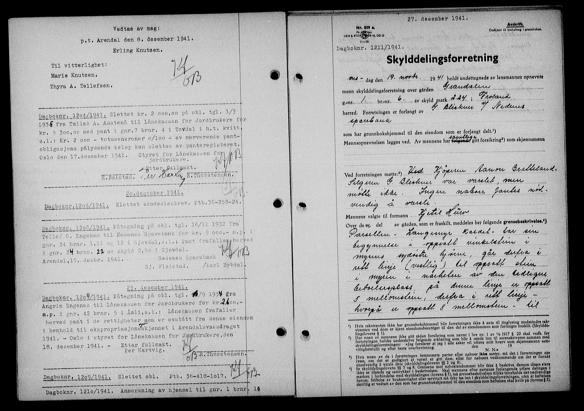 Nedenes sorenskriveri, AV/SAK-1221-0006/G/Gb/Gba/L0049: Mortgage book no. A-III, 1941-1942, Diary no: : 1211/1941