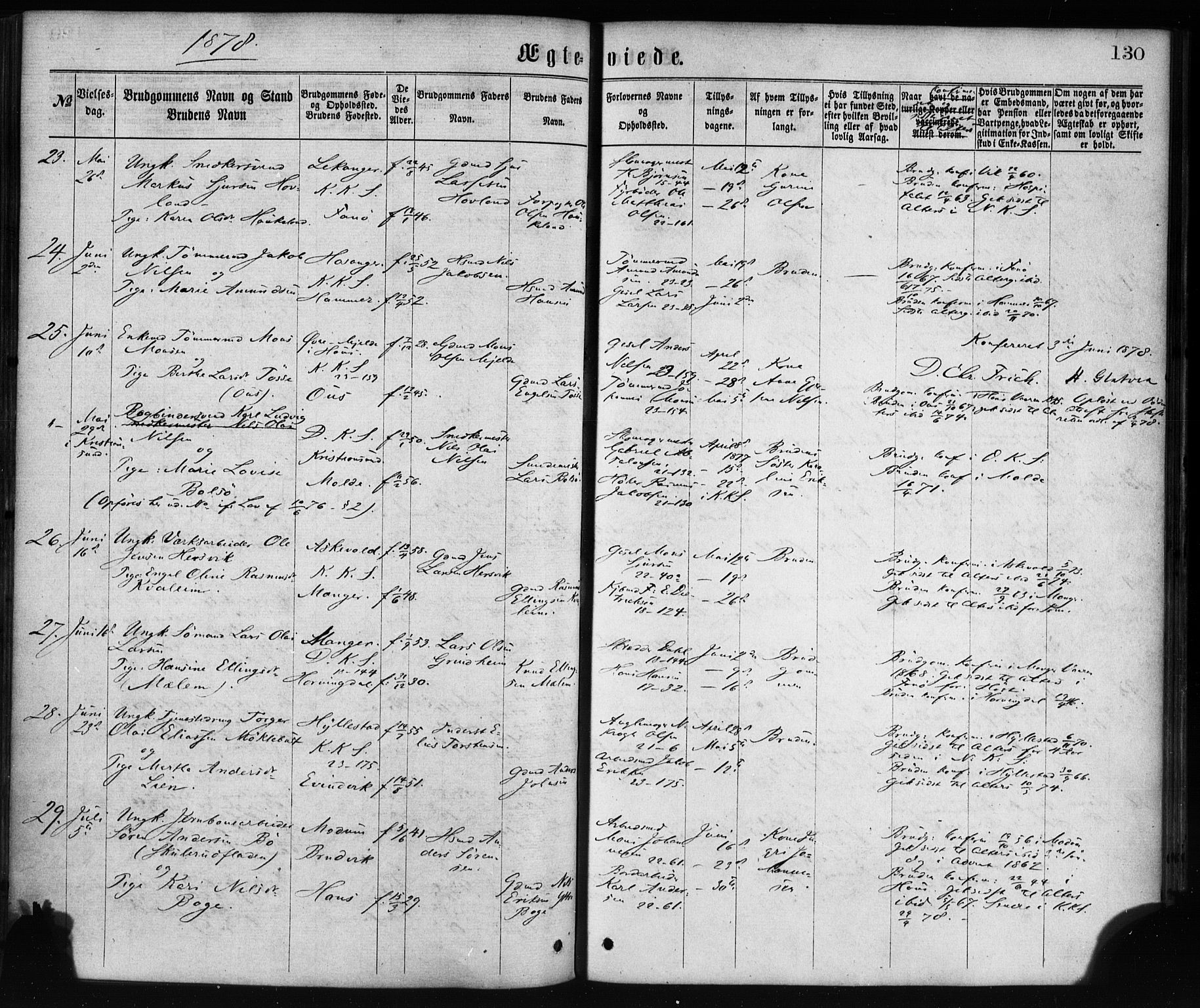 Korskirken sokneprestembete, AV/SAB-A-76101/H/Haa/L0036: Parish register (official) no. D 3, 1867-1882, p. 130