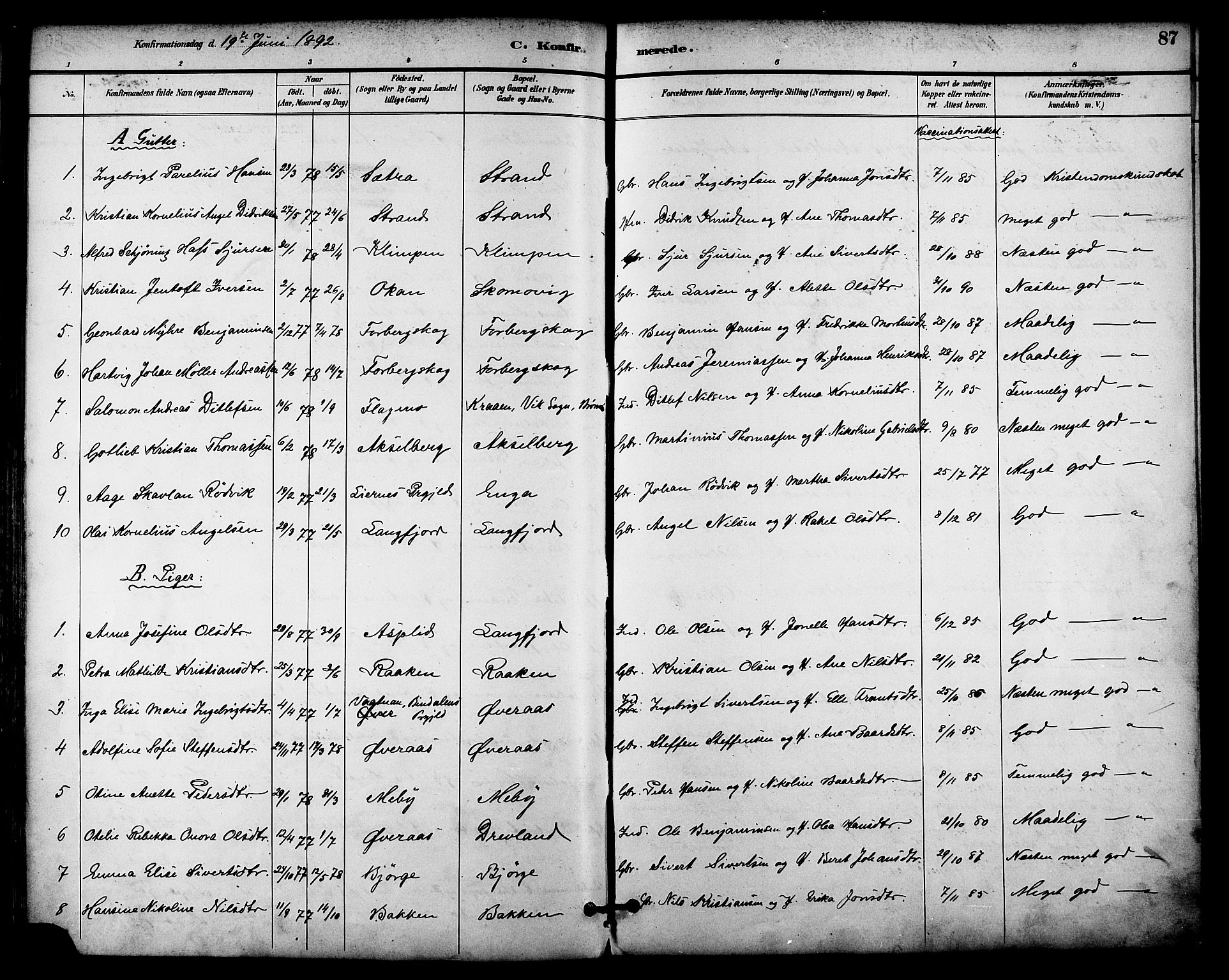 Ministerialprotokoller, klokkerbøker og fødselsregistre - Nordland, AV/SAT-A-1459/814/L0226: Parish register (official) no. 814A07, 1886-1898, p. 87