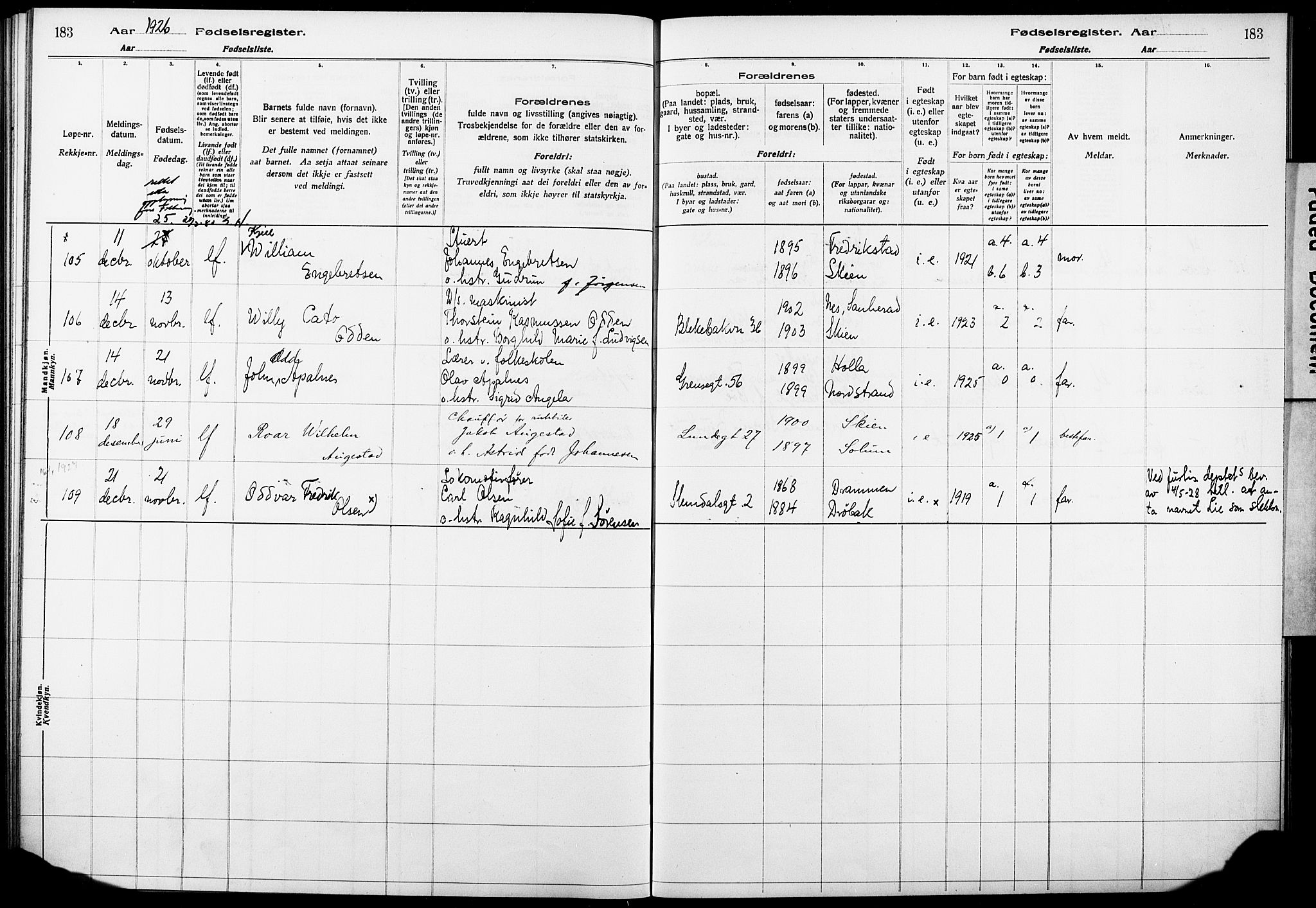 Skien kirkebøker, AV/SAKO-A-302/J/Ja/L0002: Birth register no. 2, 1921-1927, p. 183