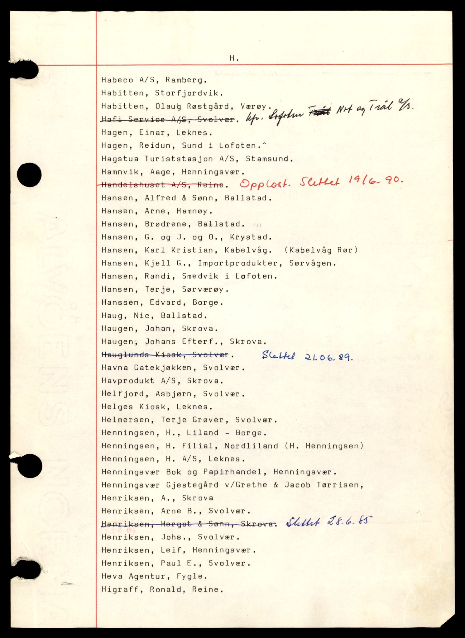 Lofoten sorenskriveri, AV/SAT-A-0017/2/J/Jc/Jcd/L0002: Enkeltmannsforetak, aksjeselskap og andelslag, H-K , 1944-1990, p. 1