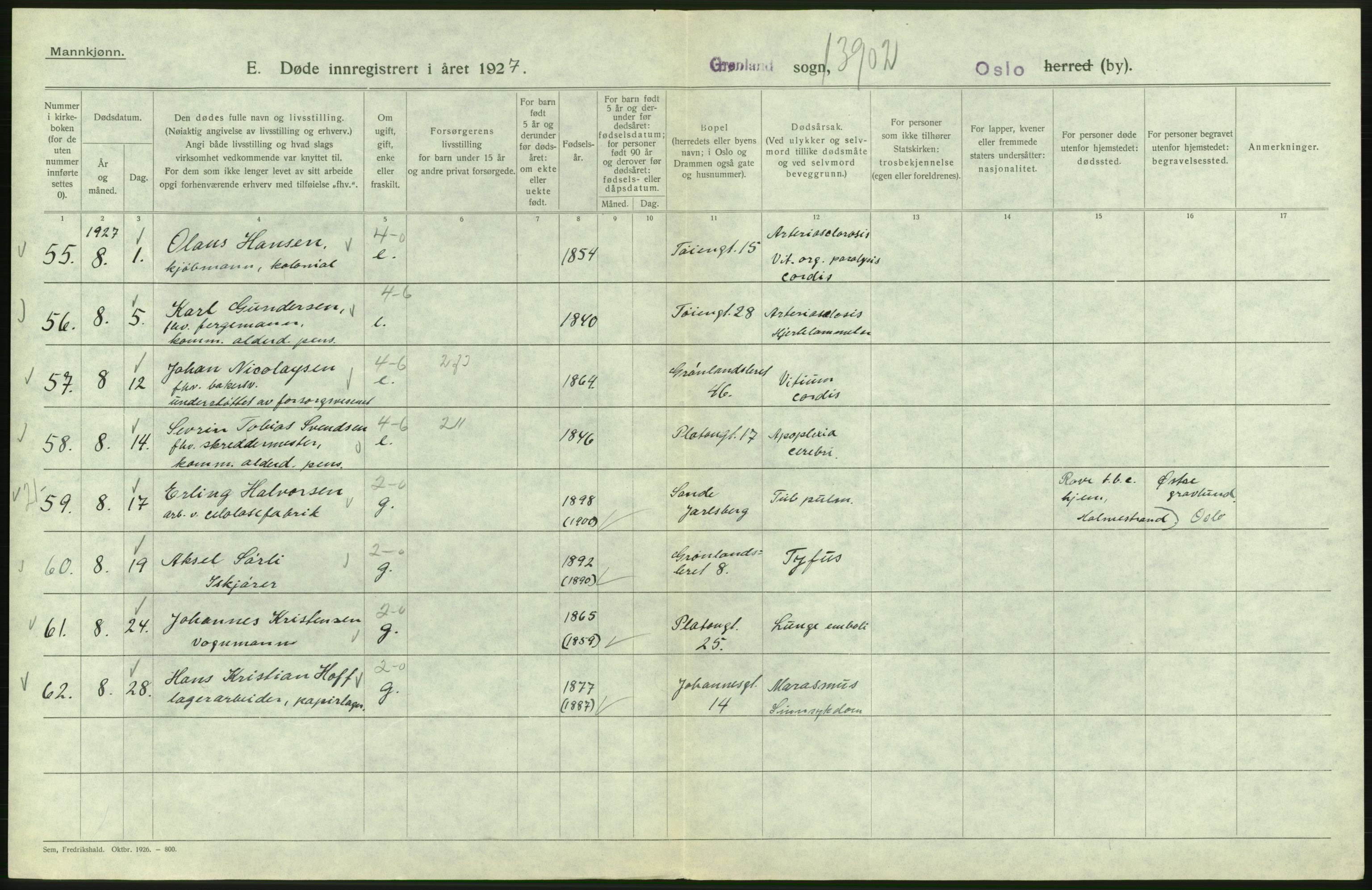 Statistisk sentralbyrå, Sosiodemografiske emner, Befolkning, RA/S-2228/D/Df/Dfc/Dfcg/L0009: Oslo: Døde menn, 1927, p. 434