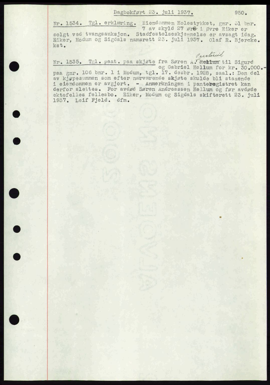 Eiker, Modum og Sigdal sorenskriveri, SAKO/A-123/G/Ga/Gab/L0035: Mortgage book no. A5, 1937-1937, Diary no: : 1534/1937