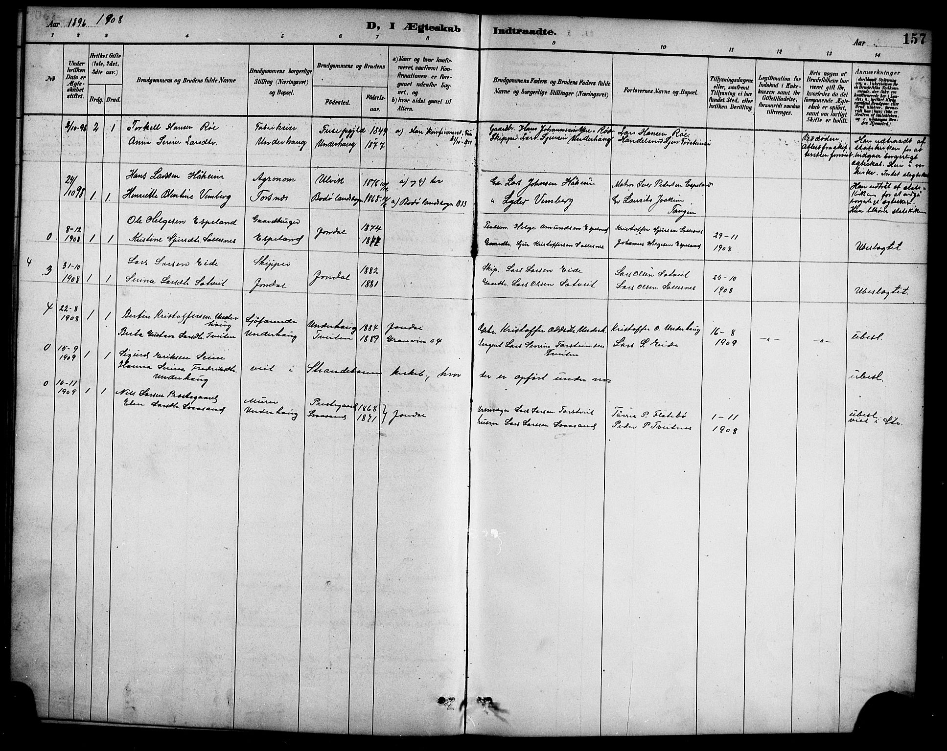 Ullensvang sokneprestembete, AV/SAB-A-78701/H/Hab: Parish register (copy) no. D 1, 1891-1908, p. 157