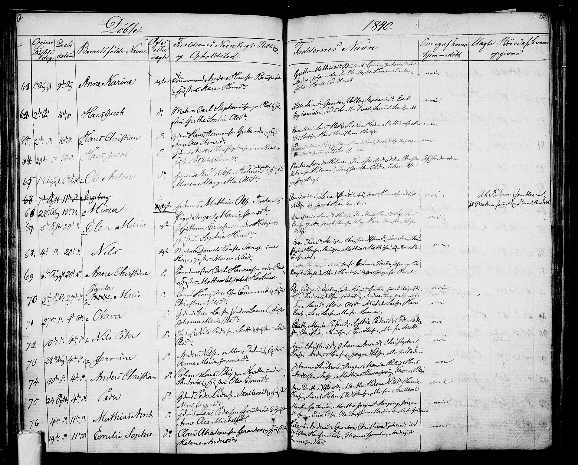 Sem kirkebøker, AV/SAKO-A-5/F/Fa/L0005: Parish register (official) no. I 5, 1825-1842, p. 212-213