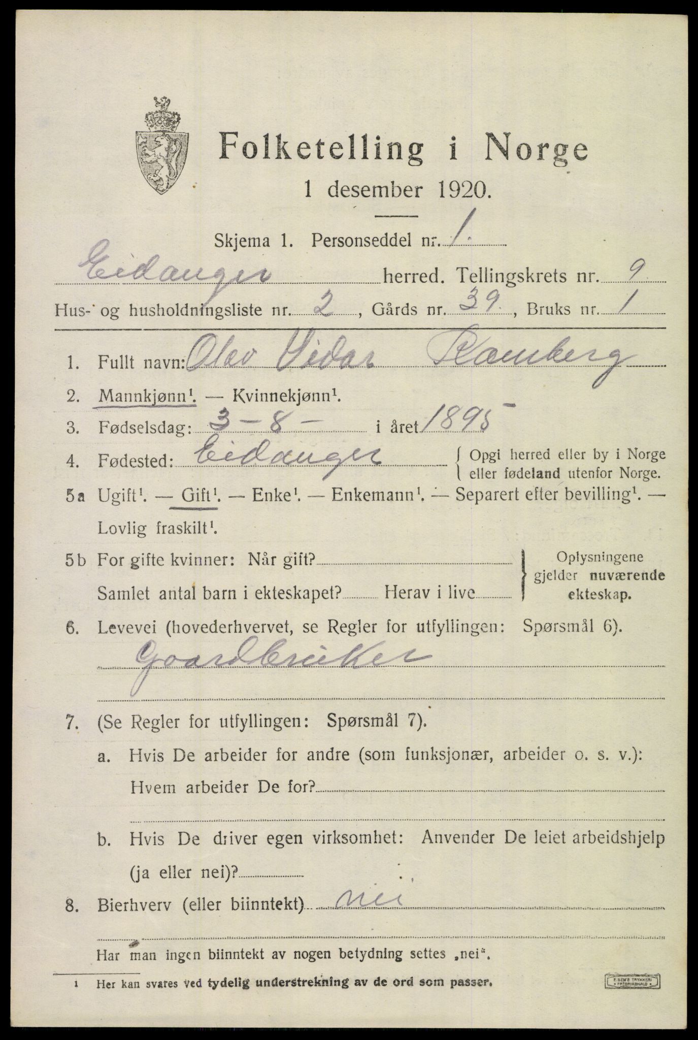 SAKO, 1920 census for Eidanger, 1920, p. 5920