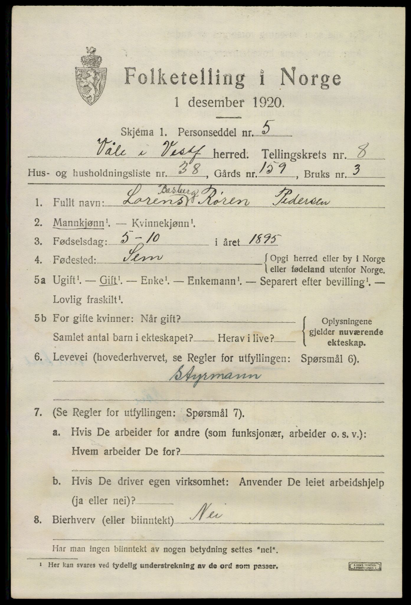 SAKO, 1920 census for Våle, 1920, p. 6576