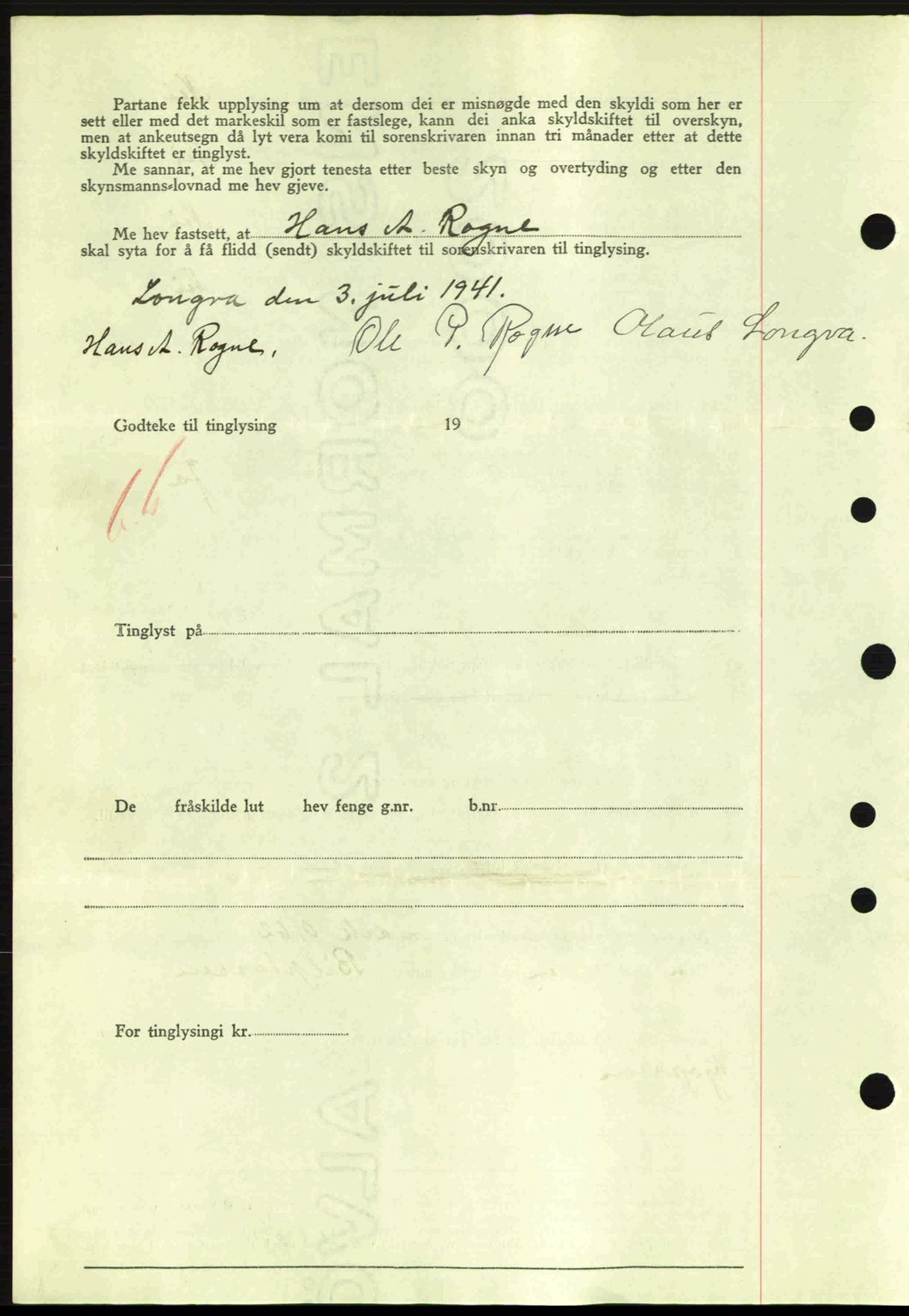 Nordre Sunnmøre sorenskriveri, AV/SAT-A-0006/1/2/2C/2Ca: Mortgage book no. A11, 1941-1941, Diary no: : 998/1941