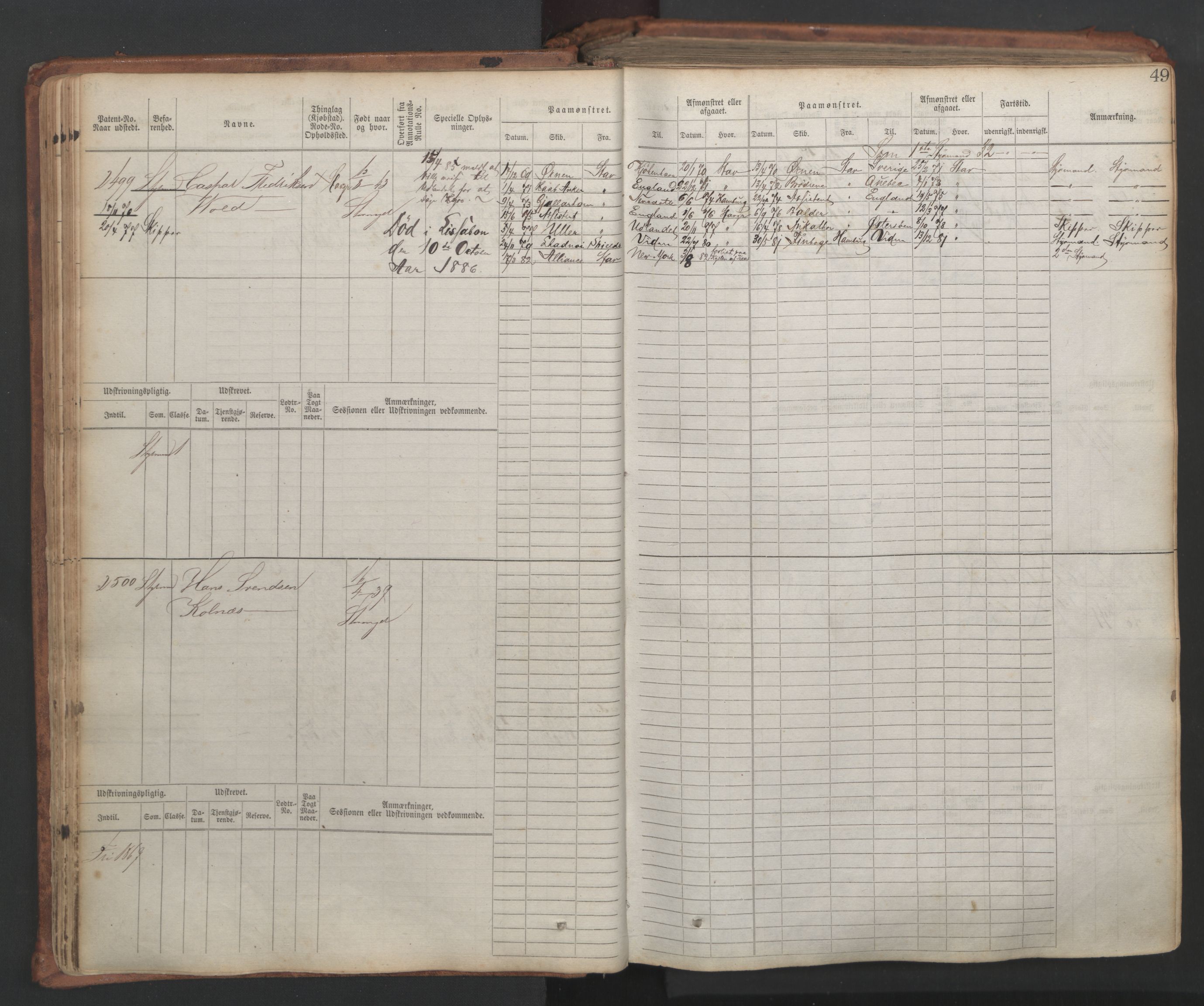 Stavanger sjømannskontor, SAST/A-102006/F/Fb/Fbb/L0007: Sjøfartshovedrulle, patentnr. 2403-3604, 1869-1880, p. 54