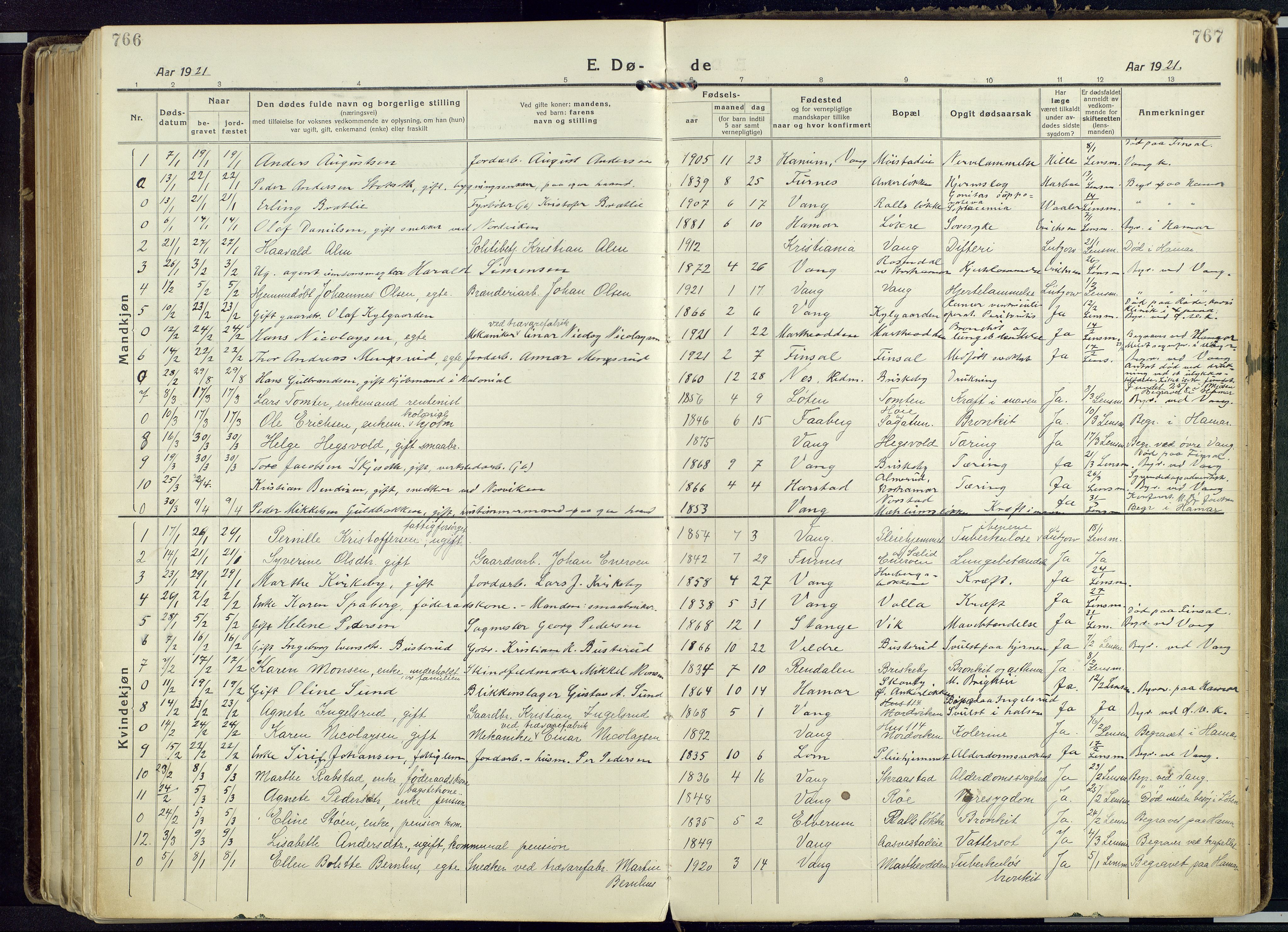 Vang prestekontor, Hedmark, AV/SAH-PREST-008/H/Ha/Haa/L0022: Parish register (official) no. 22, 1918-1944, p. 766-767