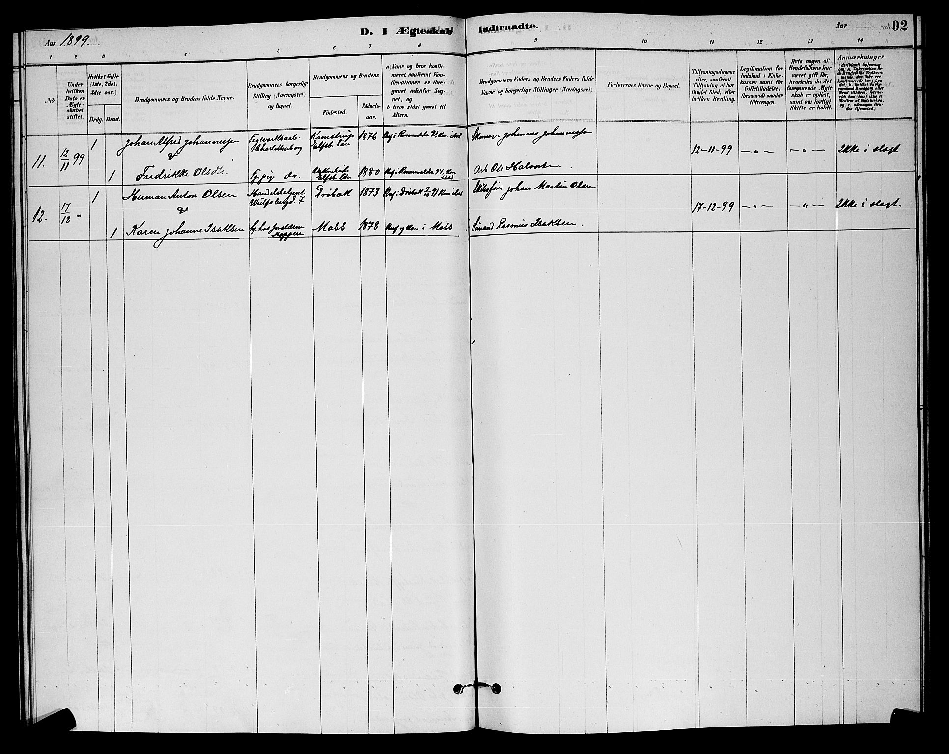 Moss prestekontor Kirkebøker, SAO/A-2003/G/Gb/L0001: Parish register (copy) no. II 1, 1878-1900, p. 92
