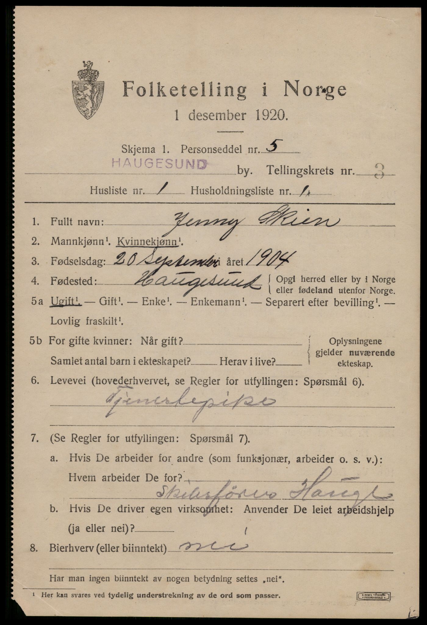 SAST, 1920 census for Haugesund, 1920, p. 14355