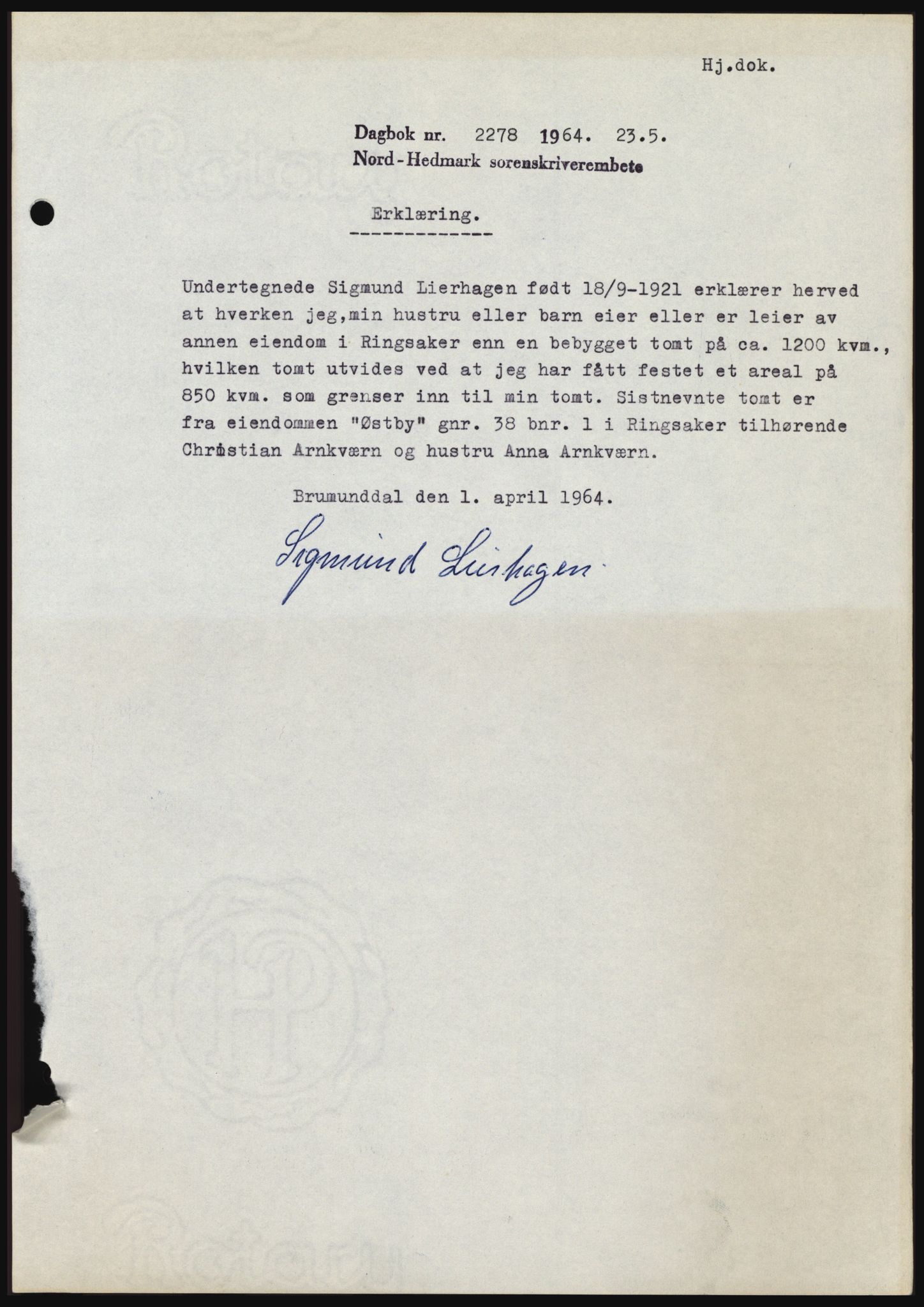 Nord-Hedmark sorenskriveri, SAH/TING-012/H/Hc/L0019: Mortgage book no. 19, 1963-1964, Diary no: : 2278/1964