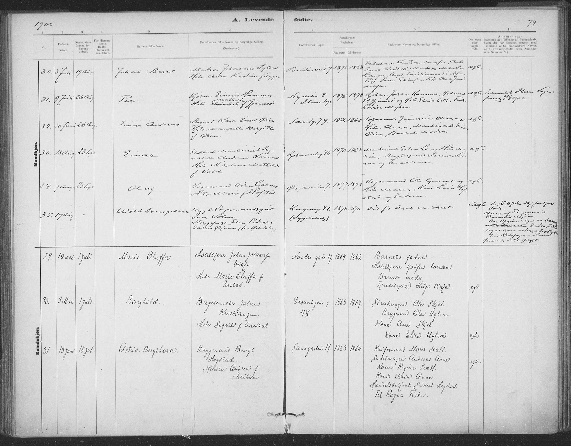 Ministerialprotokoller, klokkerbøker og fødselsregistre - Sør-Trøndelag, AV/SAT-A-1456/602/L0122: Parish register (official) no. 602A20, 1892-1908, p. 74