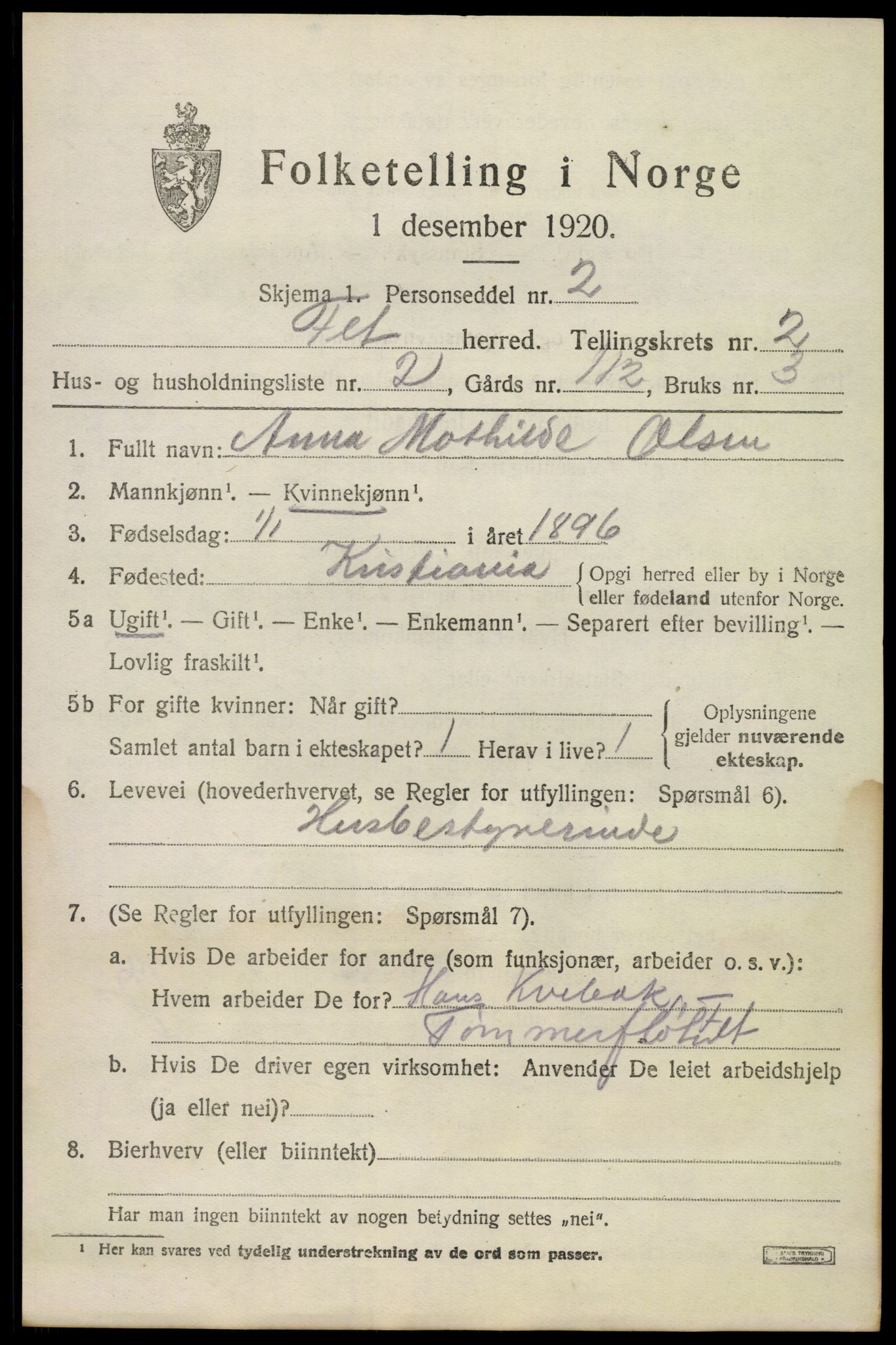 SAO, 1920 census for Fet, 1920, p. 2698