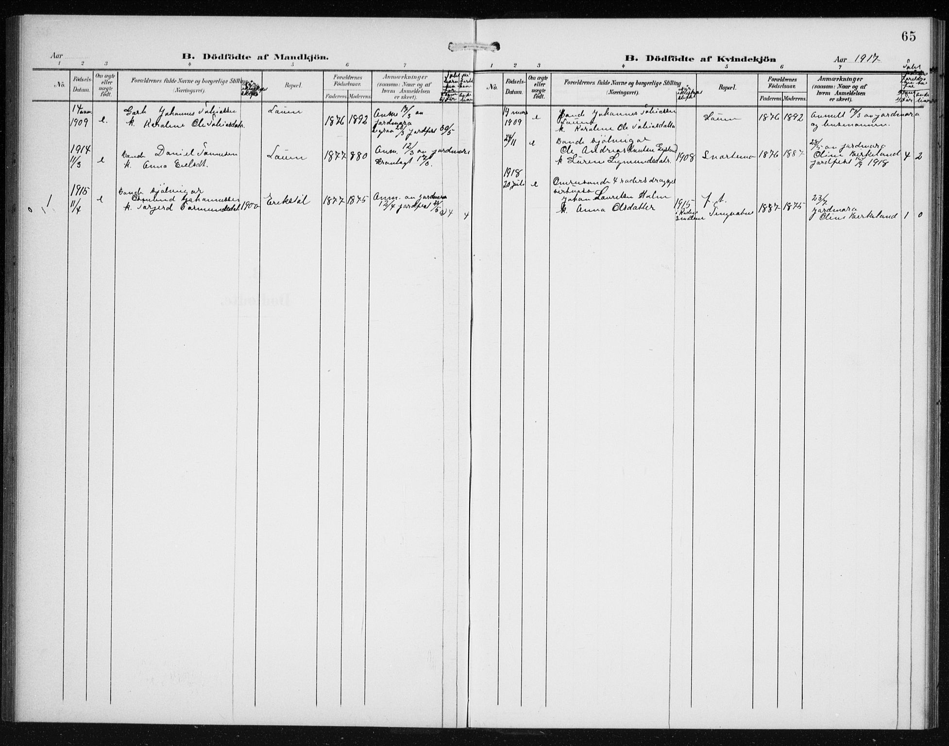 Hægebostad sokneprestkontor, SAK/1111-0024/F/Fb/Fba/L0005: Parish register (copy) no. B 5, 1907-1931, p. 65