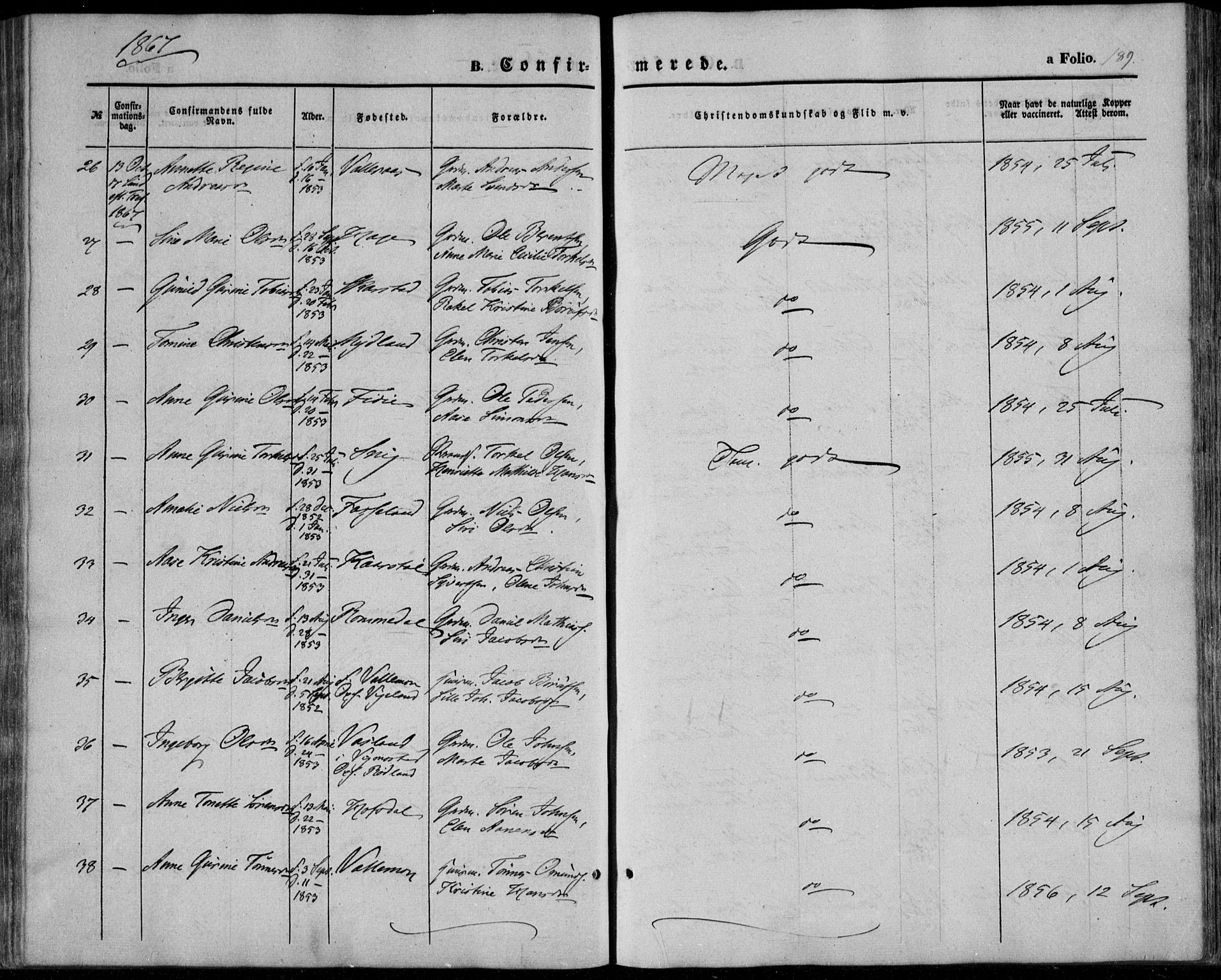 Sør-Audnedal sokneprestkontor, AV/SAK-1111-0039/F/Fa/Fab/L0007: Parish register (official) no. A 7, 1855-1876, p. 189