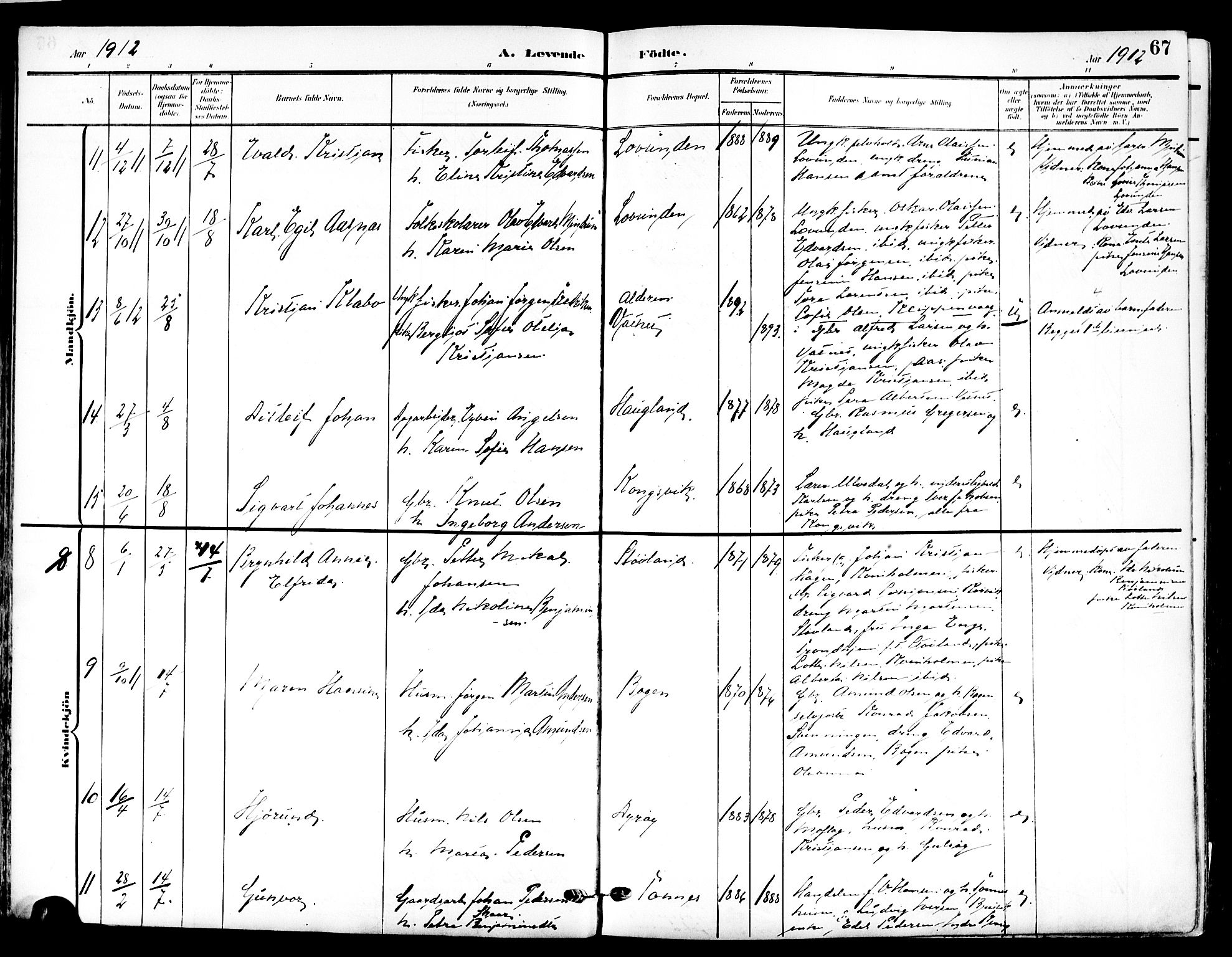 Ministerialprotokoller, klokkerbøker og fødselsregistre - Nordland, AV/SAT-A-1459/839/L0569: Parish register (official) no. 839A06, 1903-1922, p. 67