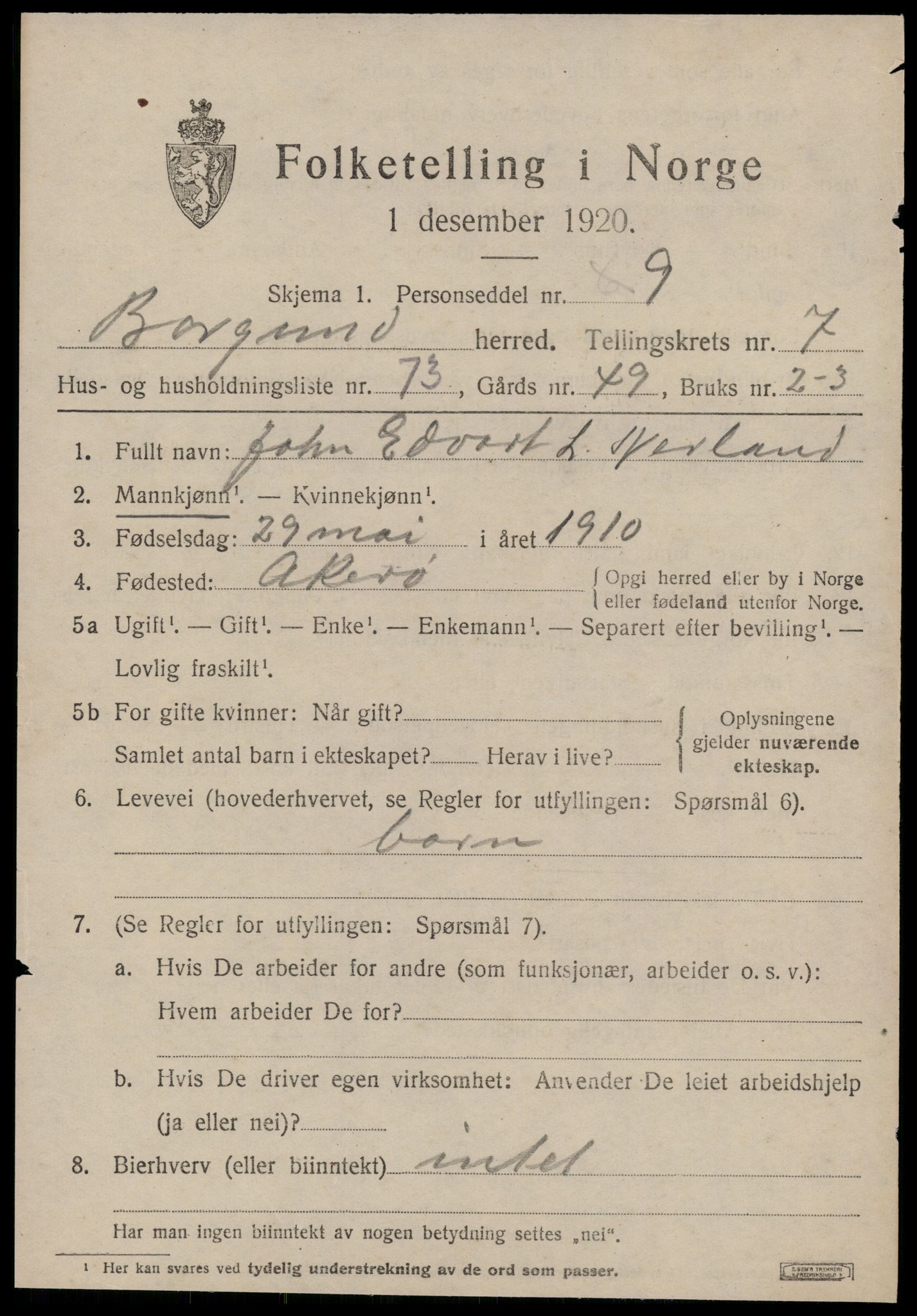 SAT, 1920 census for Borgund, 1920, p. 7042