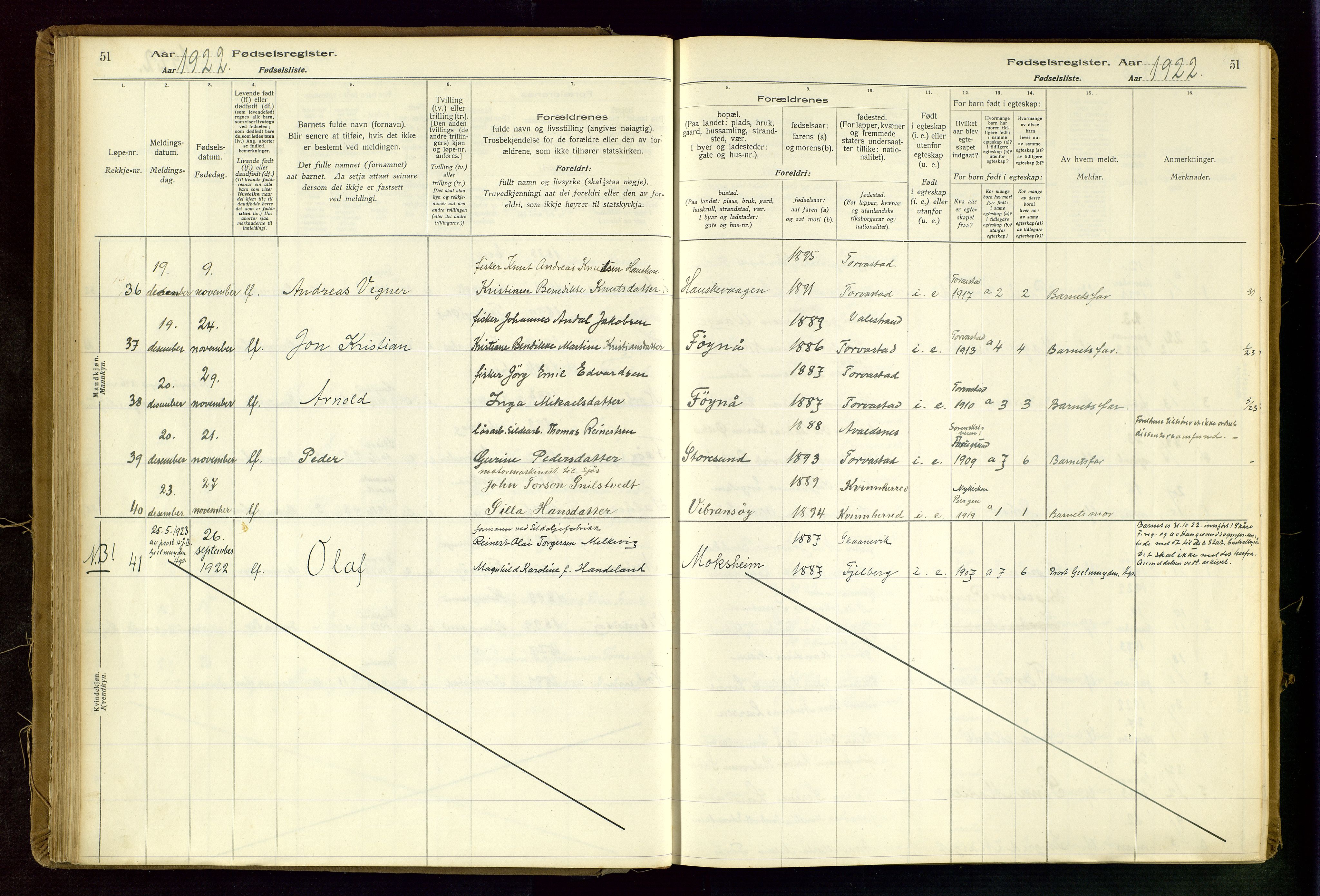 Torvastad sokneprestkontor, SAST/A -101857/I/Id/L0002: Birth register no. 2, 1916-1950, p. 51